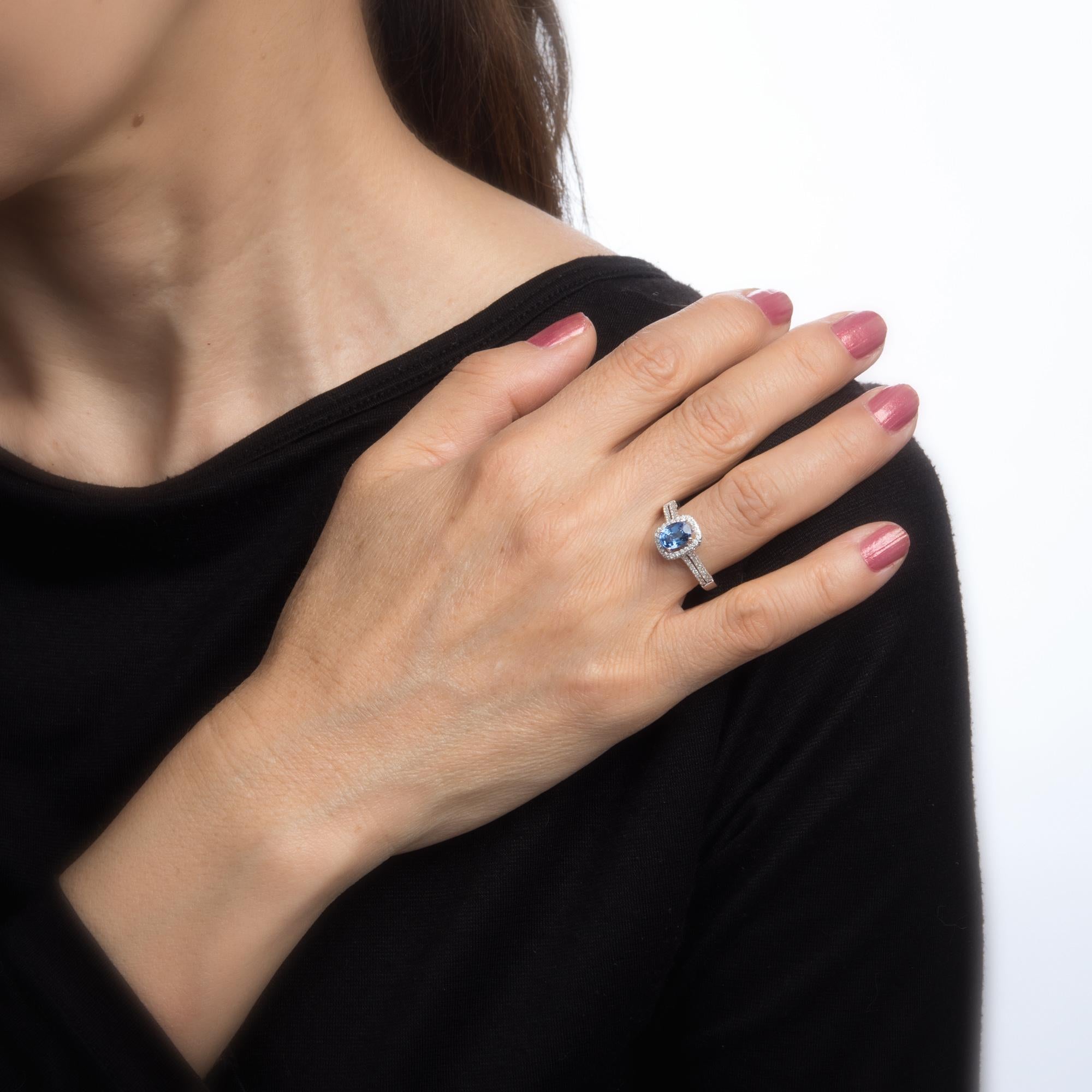 Women's Sapphire Diamond Ring Square Halo Estate 14k White Gold Gemstone Engagement For Sale