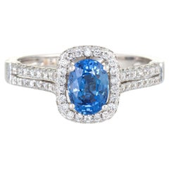 Sapphire Diamond Ring Square Halo Estate 14k White Gold Gemstone Engagement