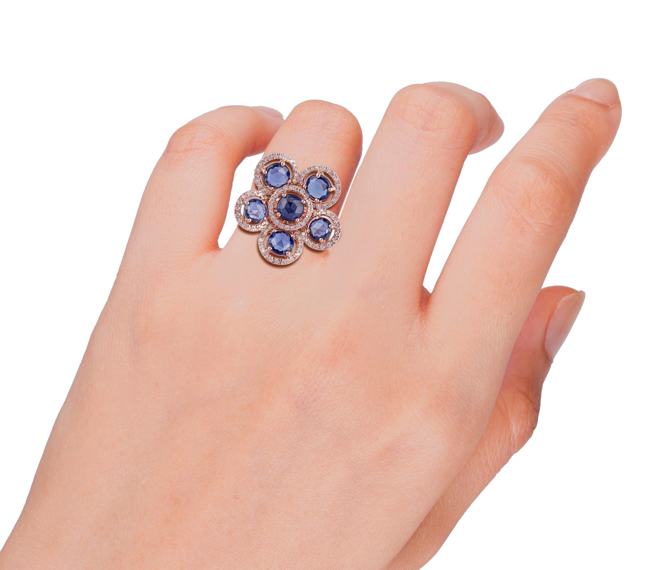 Rose Cut Sapphire and Diamond Ring Studded in 18 Karat Rose Gold