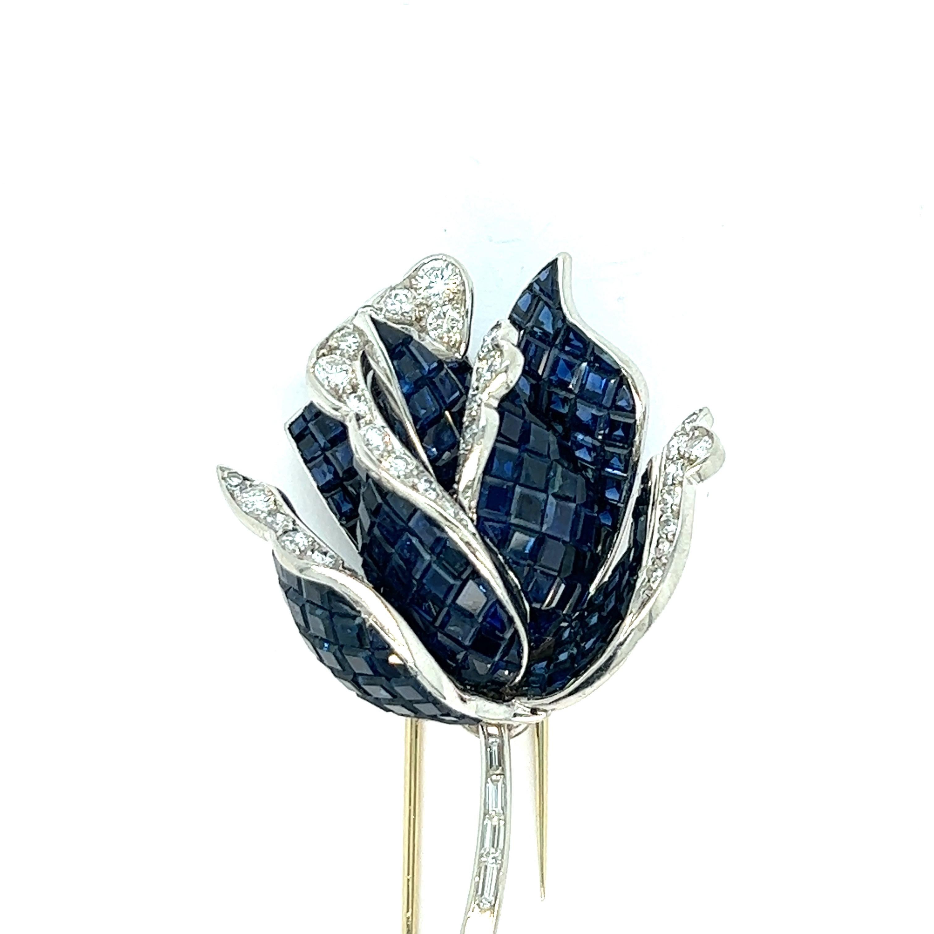 Mixed Cut Sapphire Diamond Rose Brooch For Sale