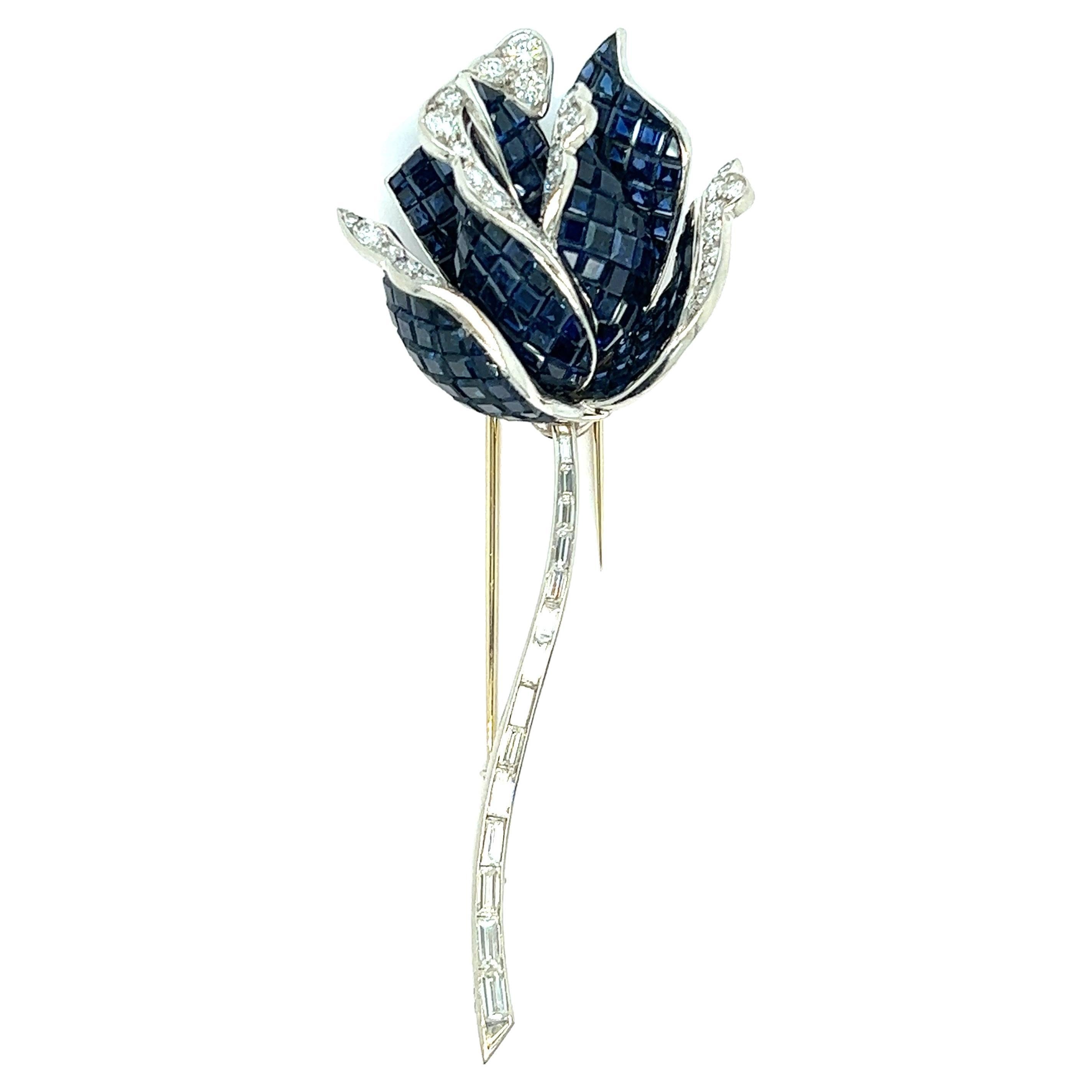 Sapphire Diamond Rose Brooch For Sale