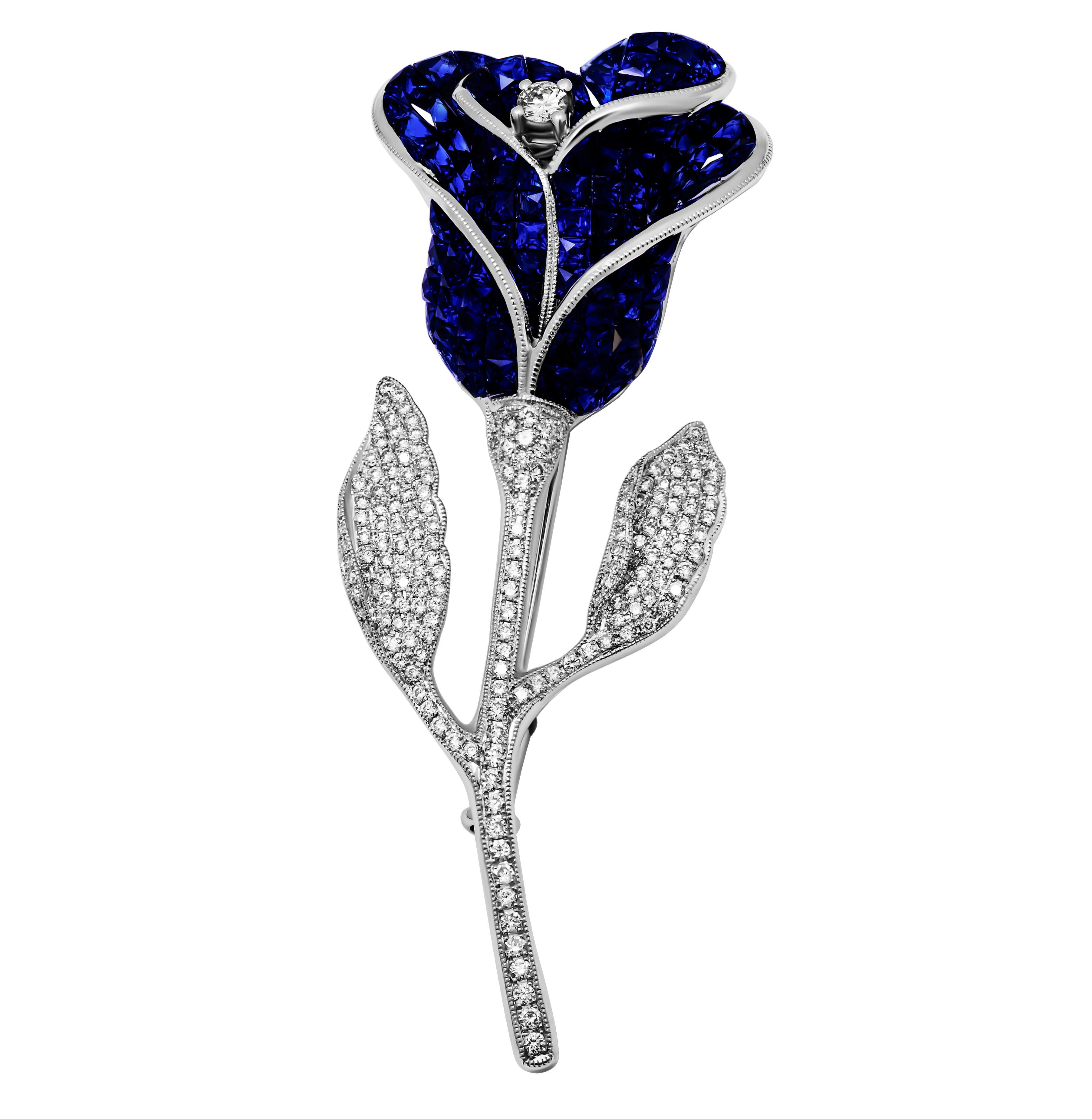 18K White Sapphire & Diamond Rose Brooche 
With diamonds & blue sapphires 
Round diamonds 166 stones 0.85ct
Blue Sapphires 82 stones 3.80ct 
about 2.5'' long