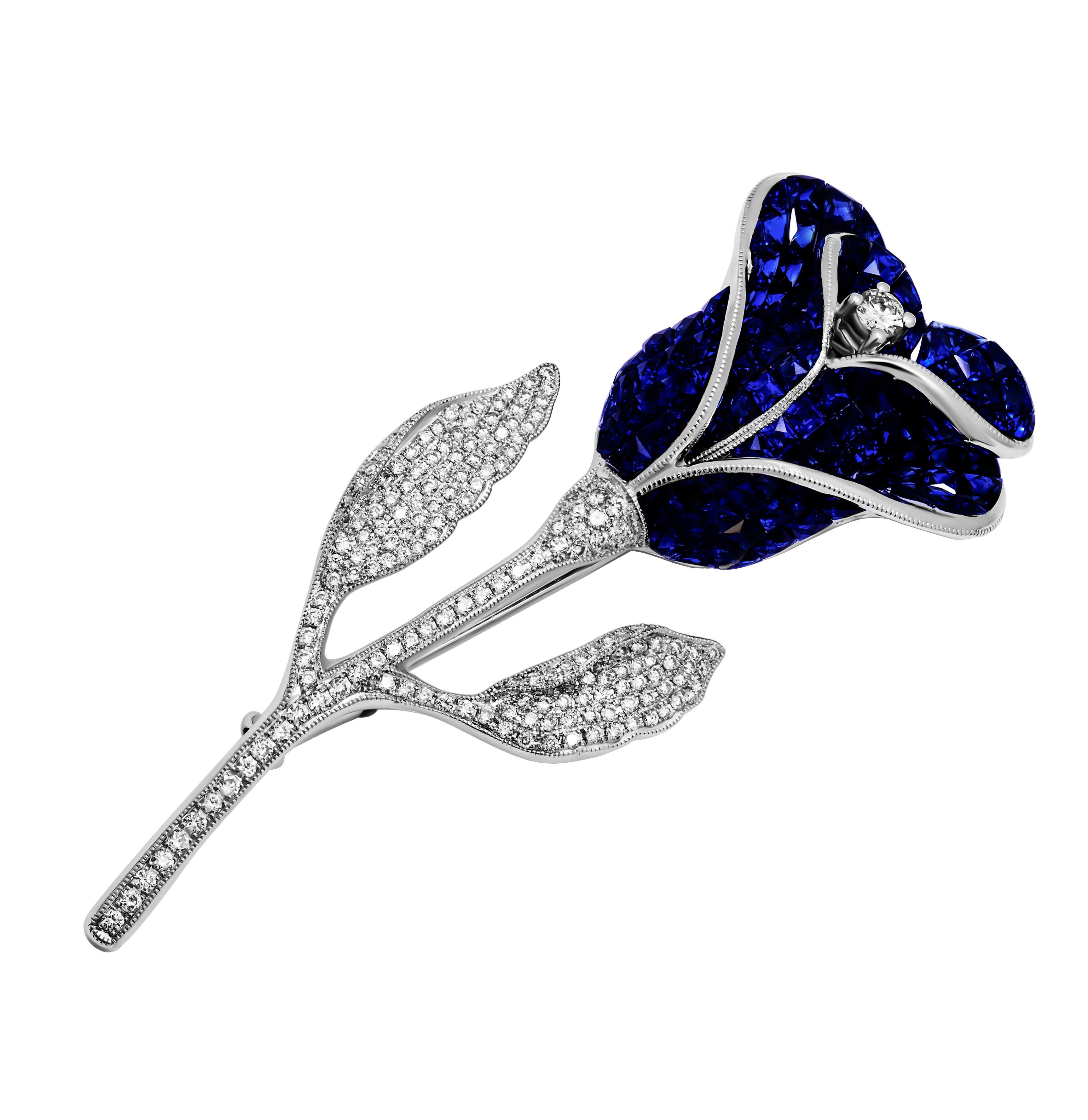 Modern Sapphire & Diamond Rose Brooche For Sale