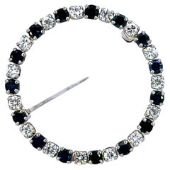 Sapphire Diamond Round Brooch 14k White Gold