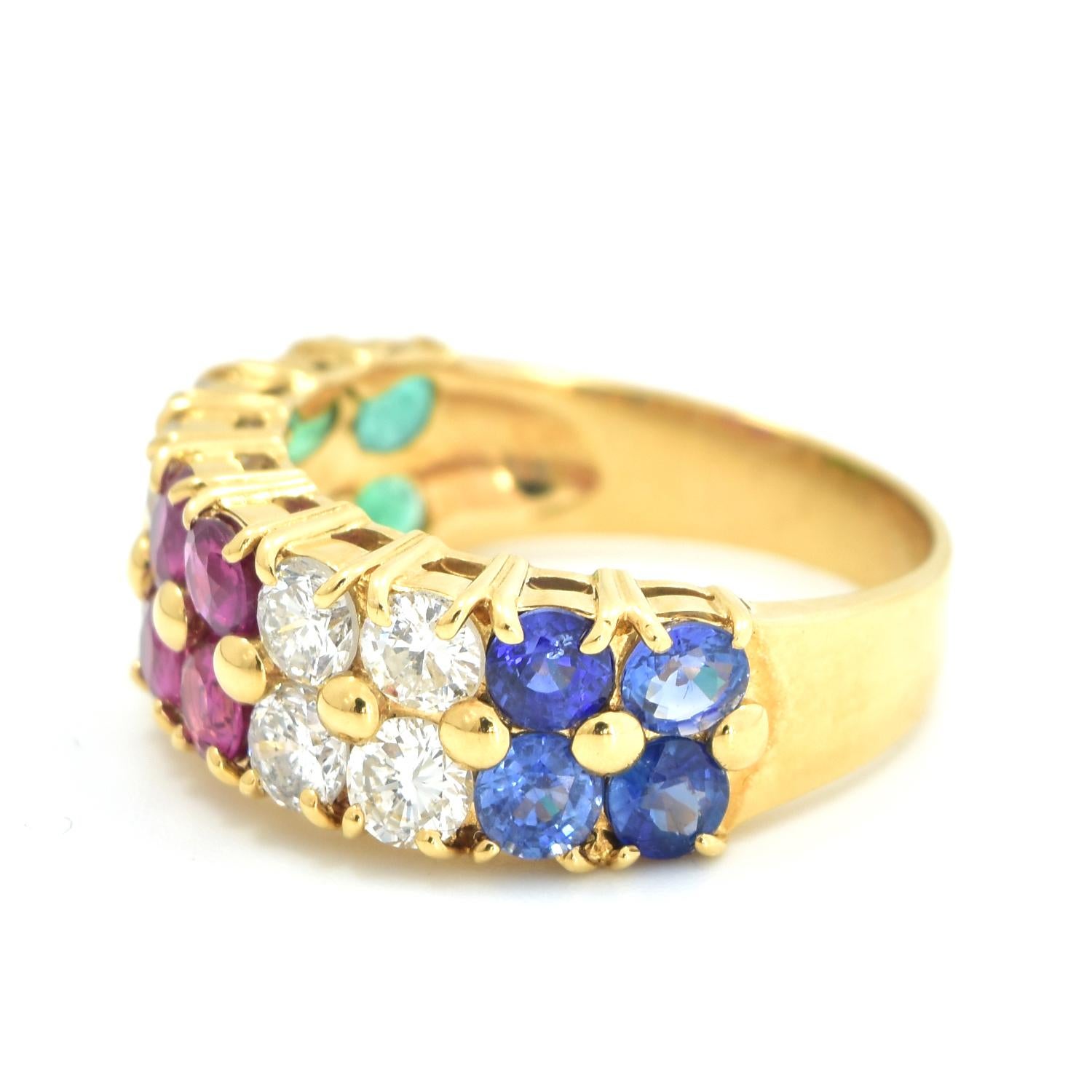 Style: Fashion Ring

Metal Type: Yellow Gold

Metal Purity: 18k

Stones: Four stones –

sapphire, rubies, emeralds, and 8 stone diamonds 1.25 CTW

Ring Size: 7

Total Item Weight (grams): 5.7 grams

​Includes: Brilliance Jewels 2 Year