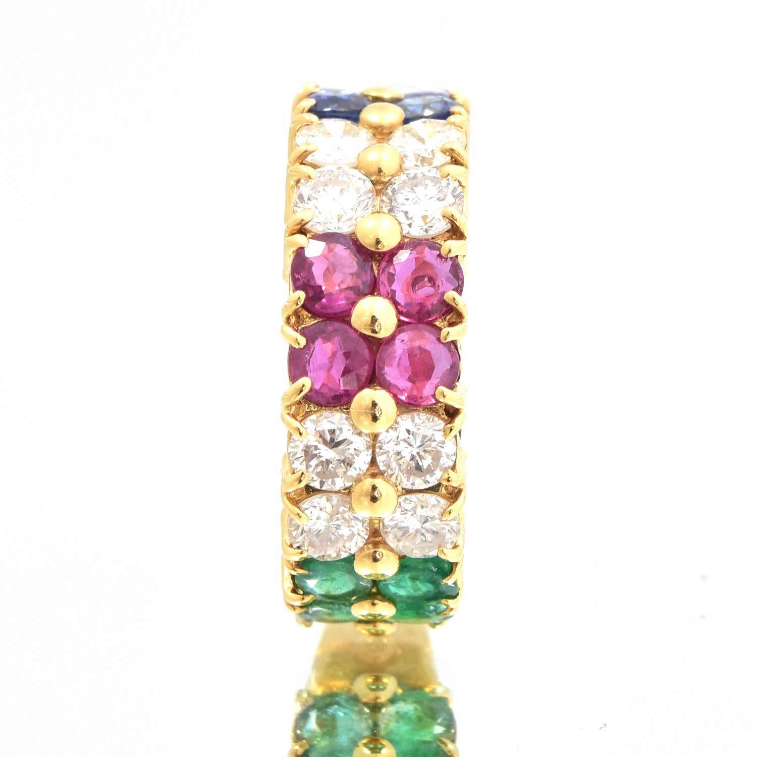 Art Deco Sapphire, Diamond, Rubies and Emerald Tutti Frutti Ring in 18 Karat Yellow Gold For Sale