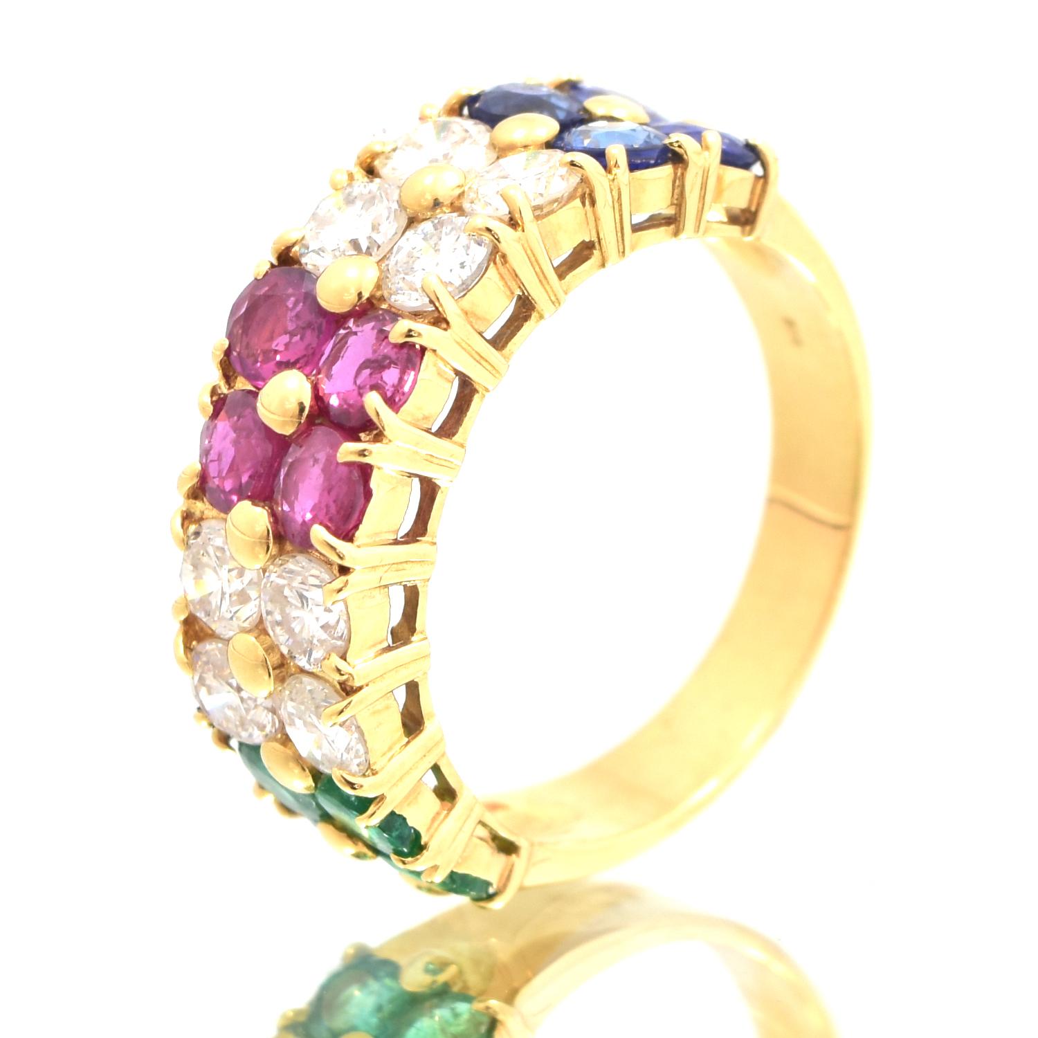 Round Cut Sapphire, Diamond, Rubies and Emerald Tutti Frutti Ring in 18 Karat Yellow Gold For Sale