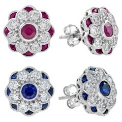 Sapphire Diamond & Ruby Diamond Art Deco Style Stud Earrings Set in 18K Gold