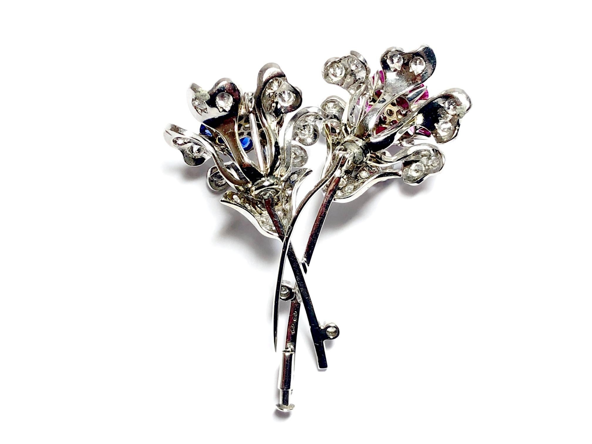 Round Cut Sapphire Diamond and Ruby Flower White Gold 18 Carat Brooch