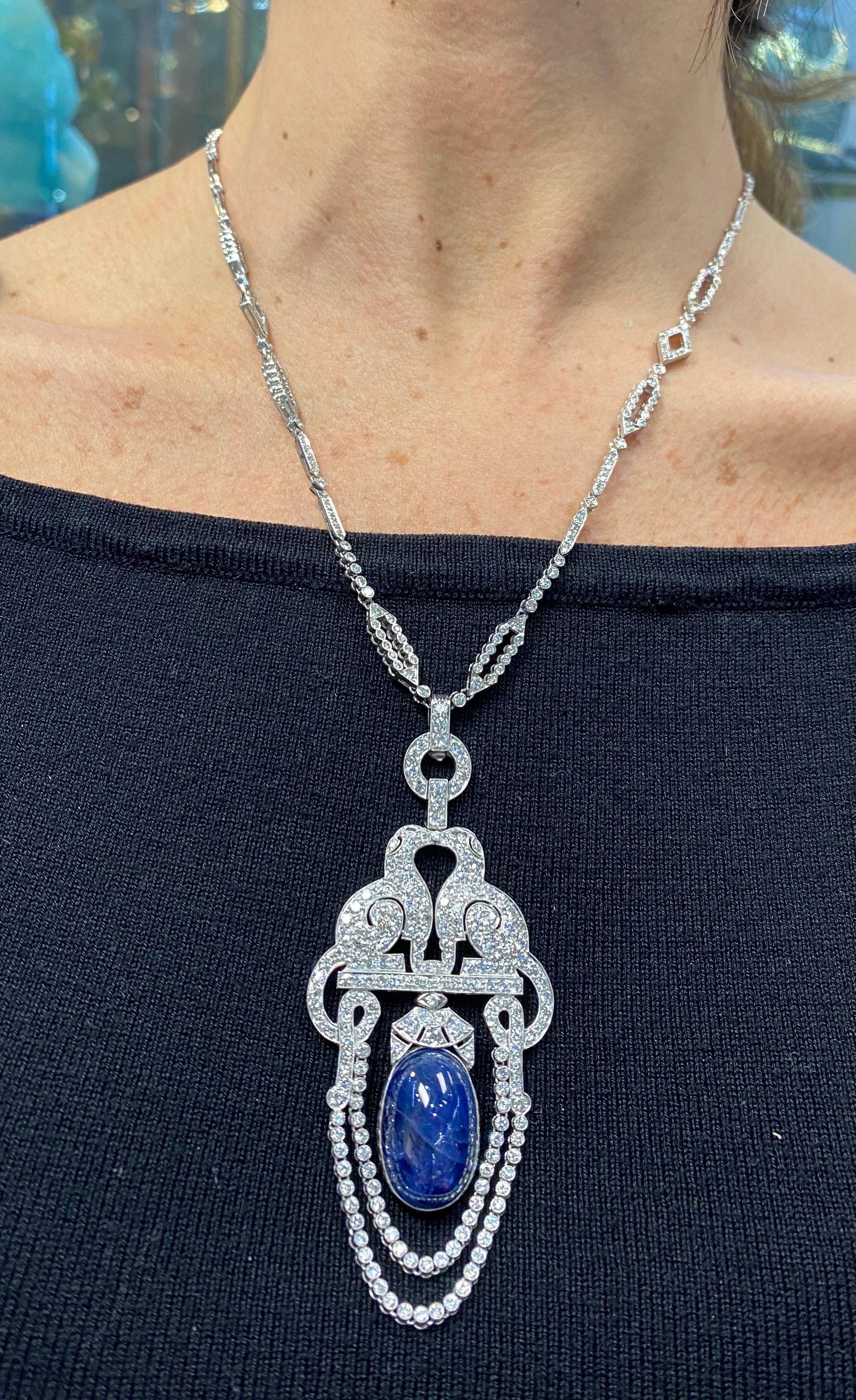 Cabochon Sapphire and Diamond Sautoir Necklace For Sale