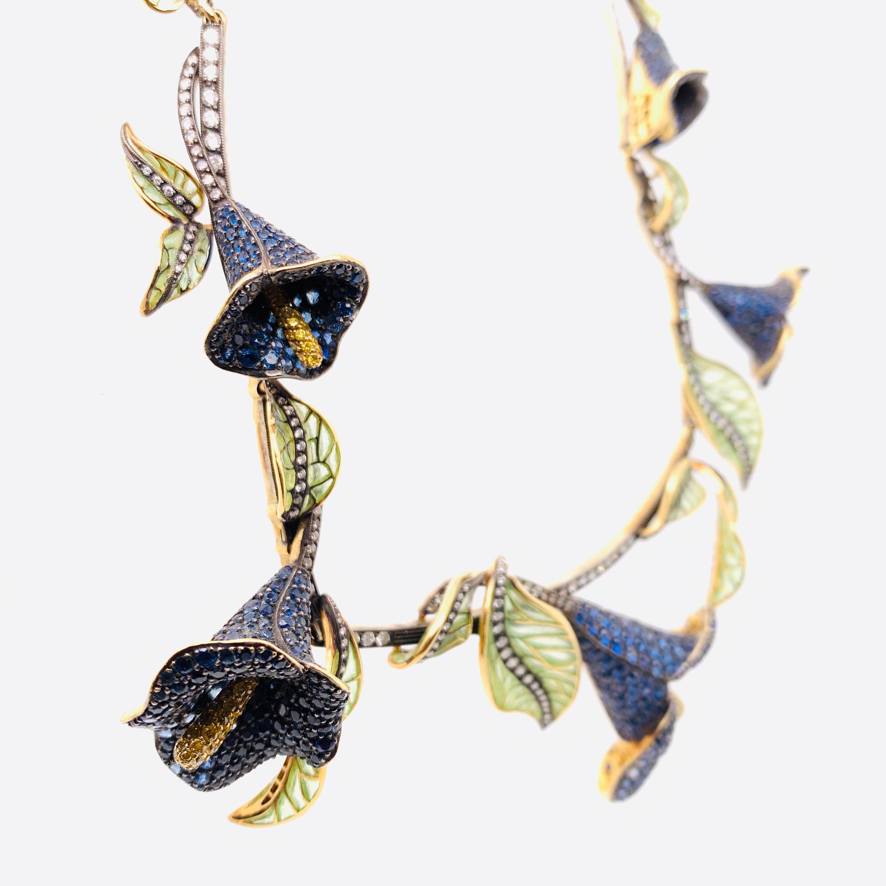 Modern Sapphire, Diamond, Silver and Gold Calla Lily Necklace For Sale