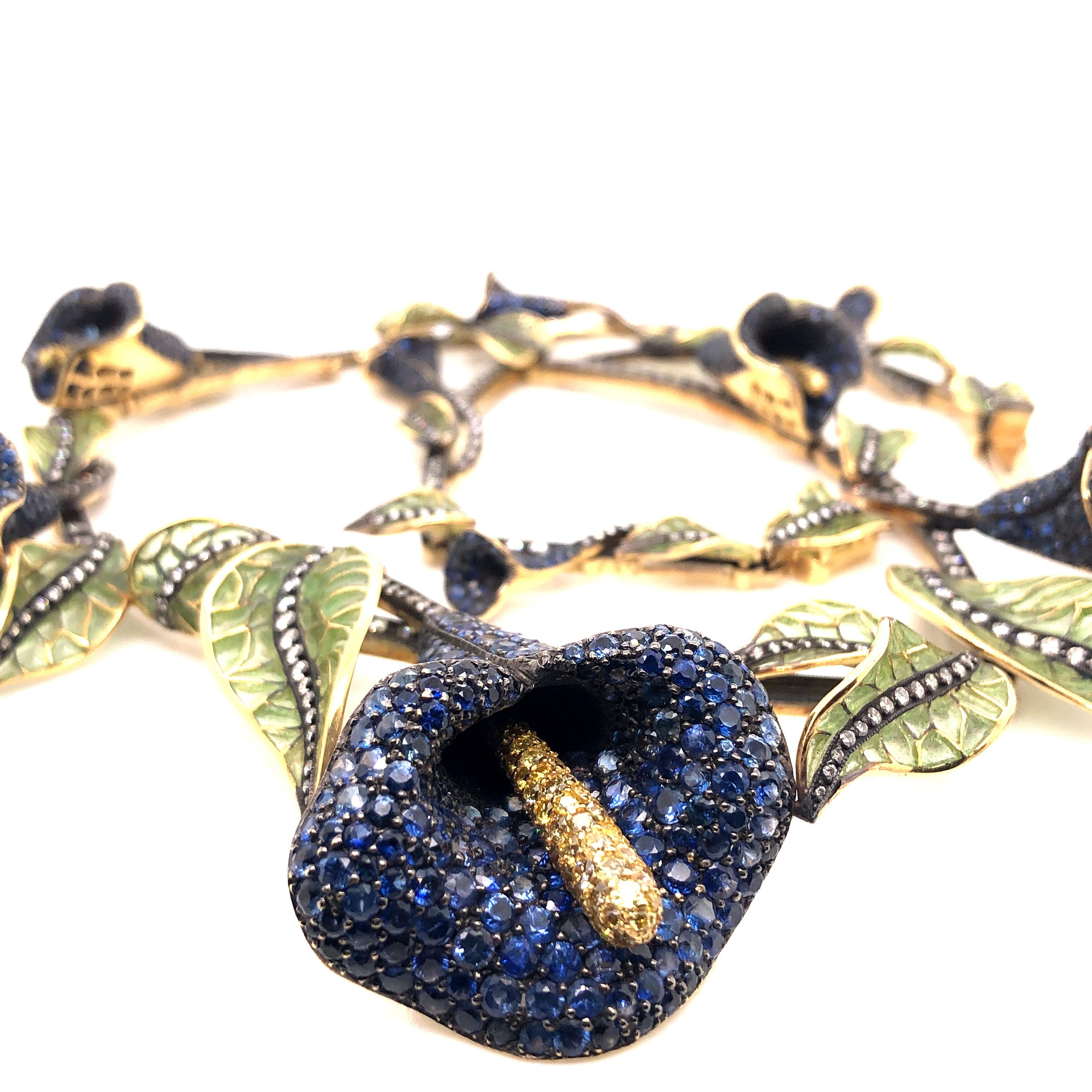 Moira Sapphire Diamond Plique à Jour Enamel Silver and Gold Calla Lily Necklace In Excellent Condition For Sale In London, GB