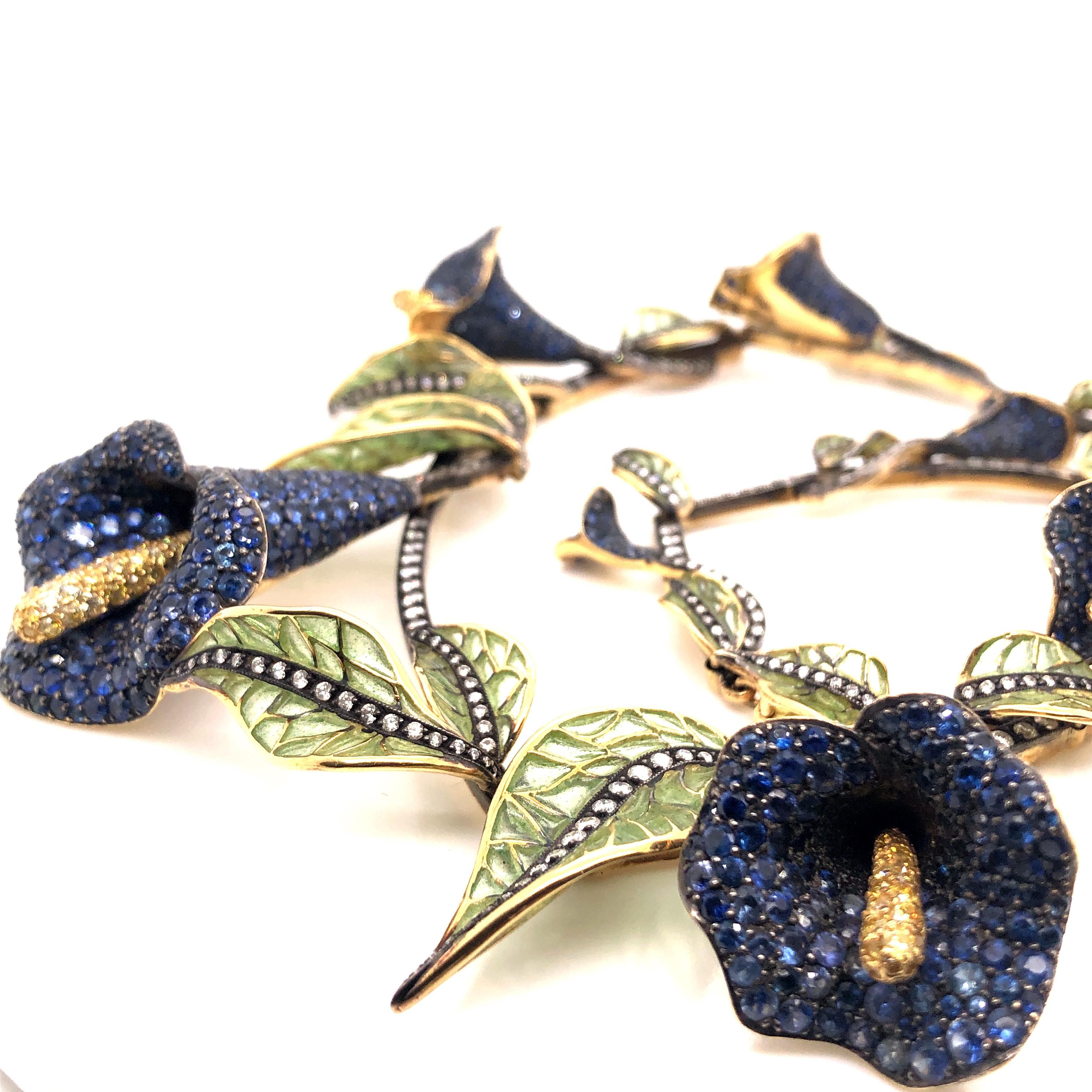 Sapphire, Diamond, Silver and Gold Calla Lily Necklace In Excellent Condition For Sale In London, GB