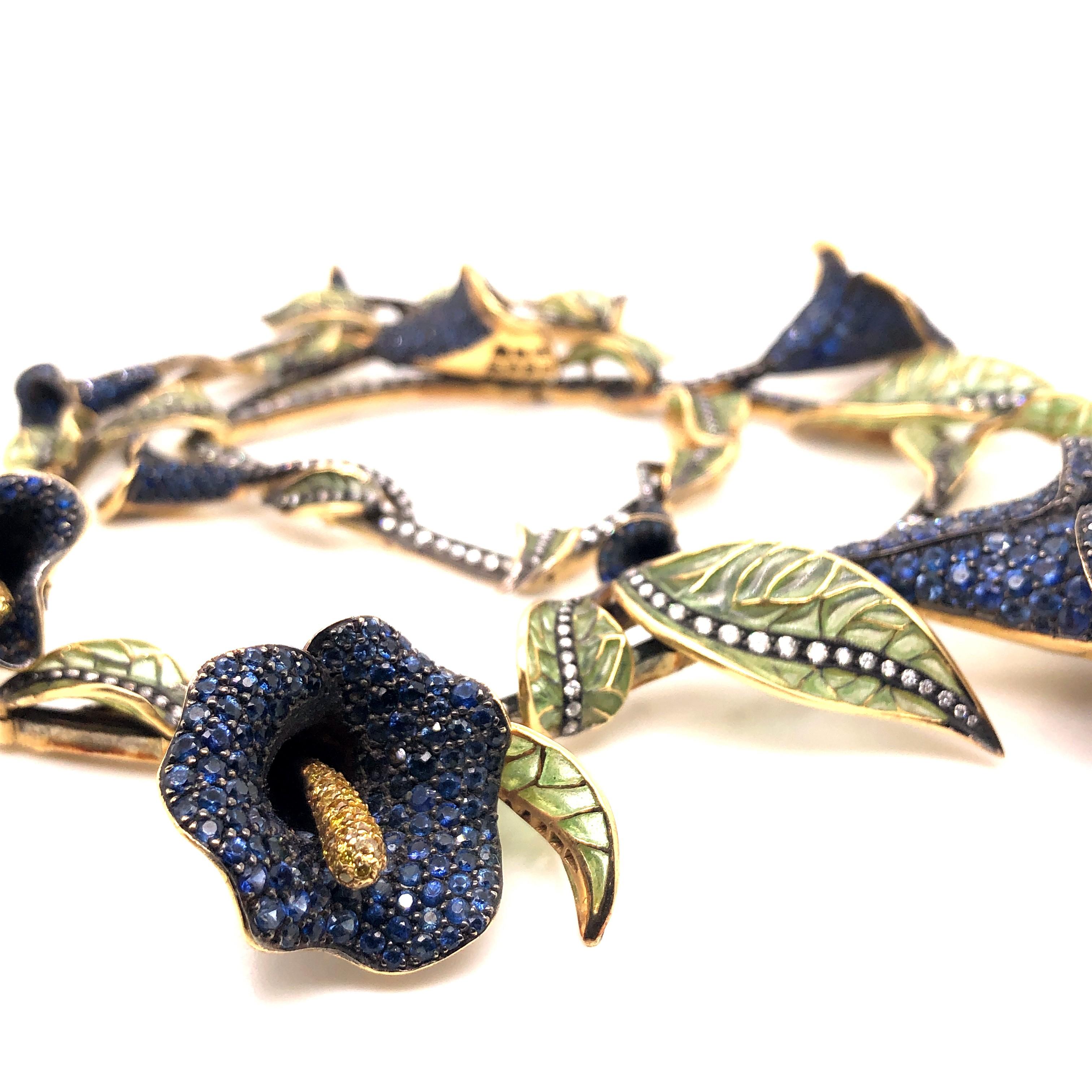 Women's Sapphire, Diamond, Silver and Gold Calla Lily Necklace For Sale
