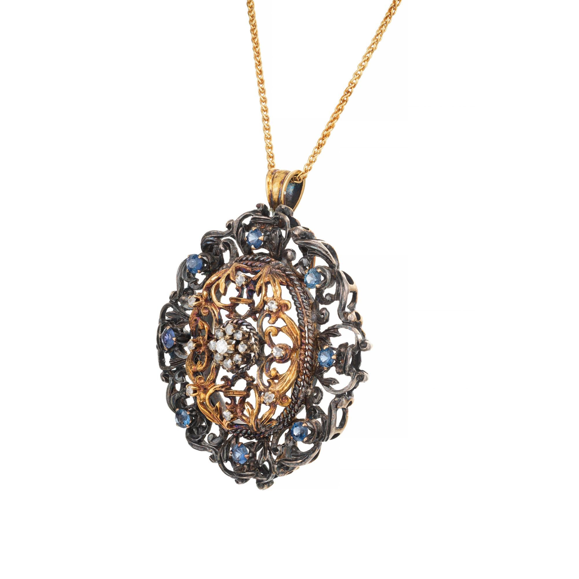 Saphir-Diamant-Silber-Gold Viktorianisches Revival Brosche Anhänger Halskette (Rundschliff) im Angebot