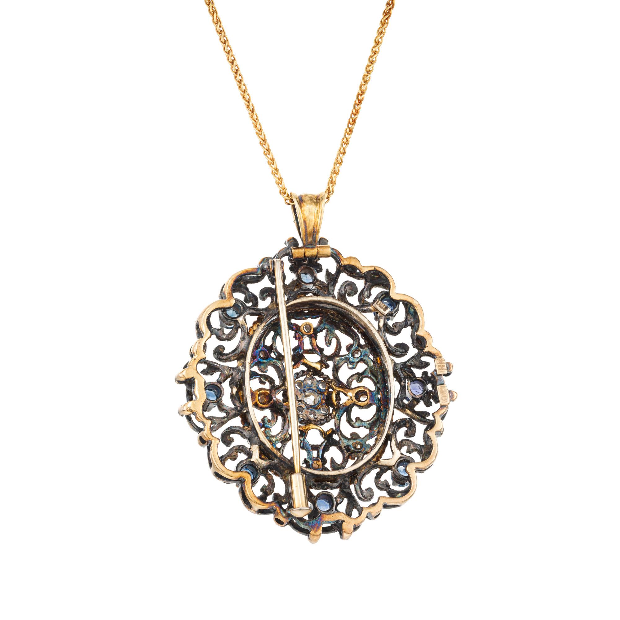 Saphir-Diamant-Silber-Gold Viktorianisches Revival Brosche Anhänger Halskette im Zustand „Gut“ im Angebot in Stamford, CT