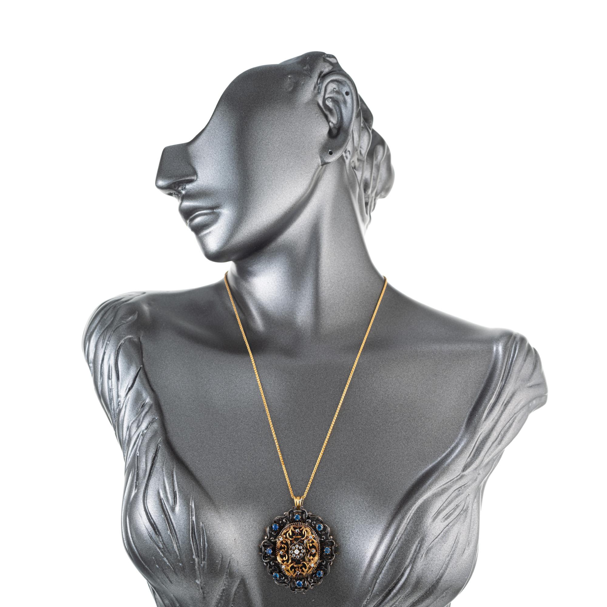 Saphir-Diamant-Silber-Gold Viktorianisches Revival Brosche Anhänger Halskette im Angebot 2