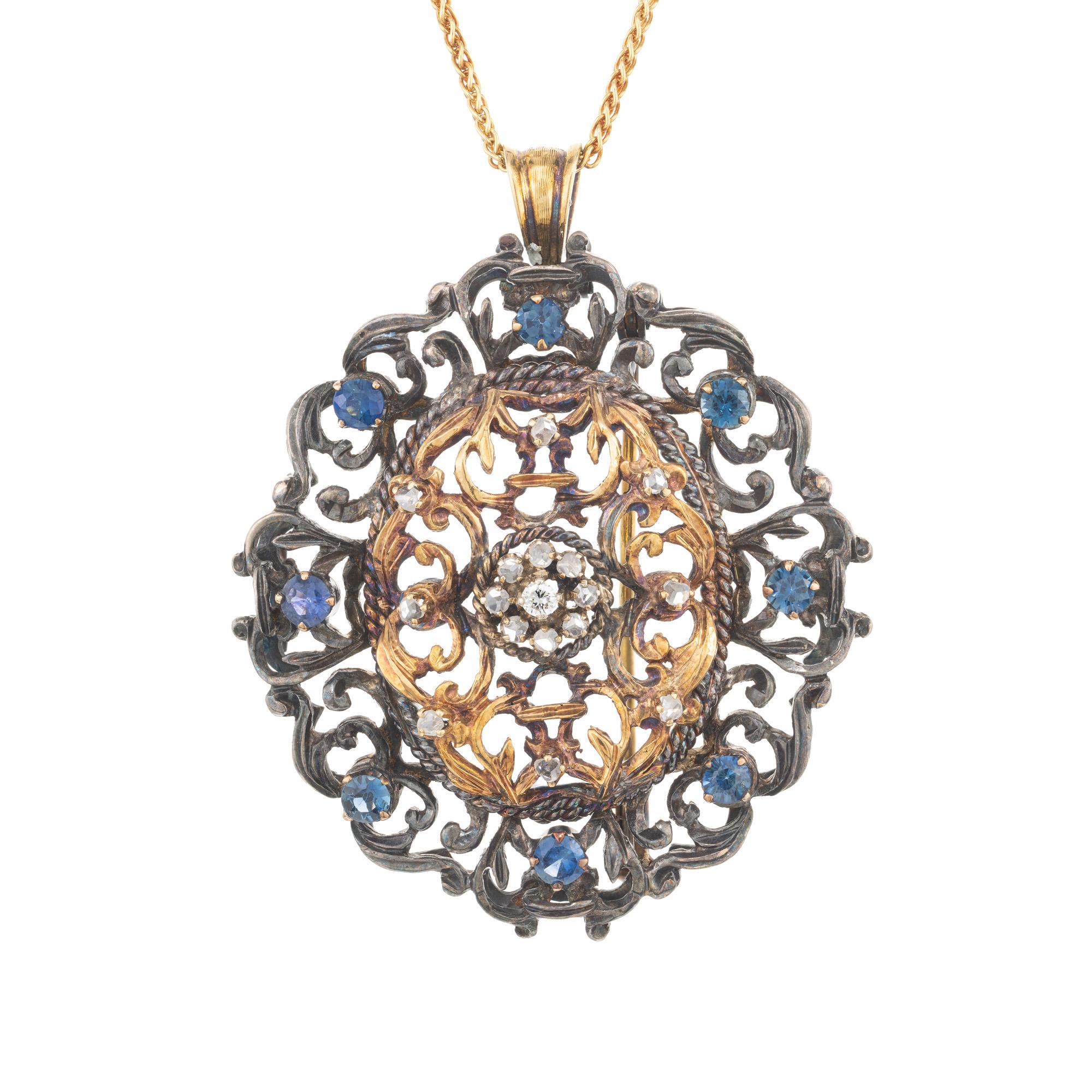 Saphir-Diamant-Silber-Gold Viktorianisches Revival Brosche Anhänger Halskette im Angebot 3