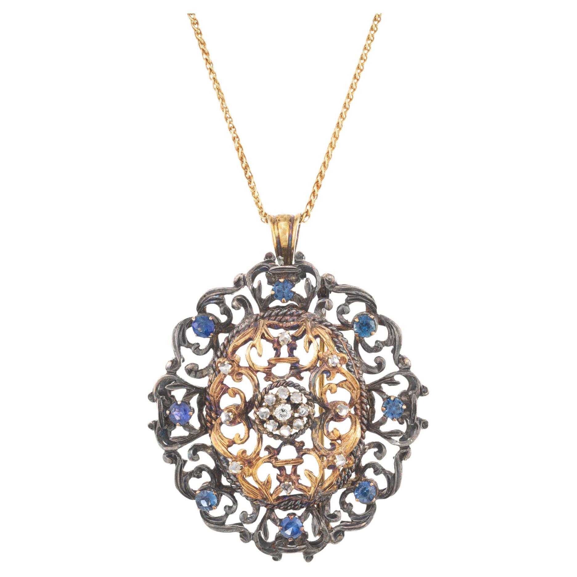 Sapphire Diamond Silver Gold Victorian Revival Brooch Pendant Necklace For Sale