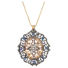 Saphir-Diamant-Silber-Gold Viktorianisches Revival Brosche Anhänger Halskette