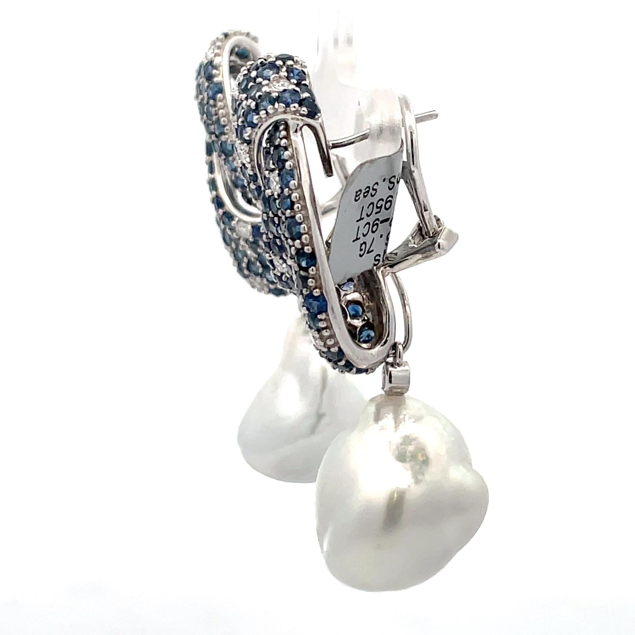 Contemporary Sapphire Diamond South Sea Pearl Drop Earrings 10.21 Carat 18 Karat 15-16 MM For Sale