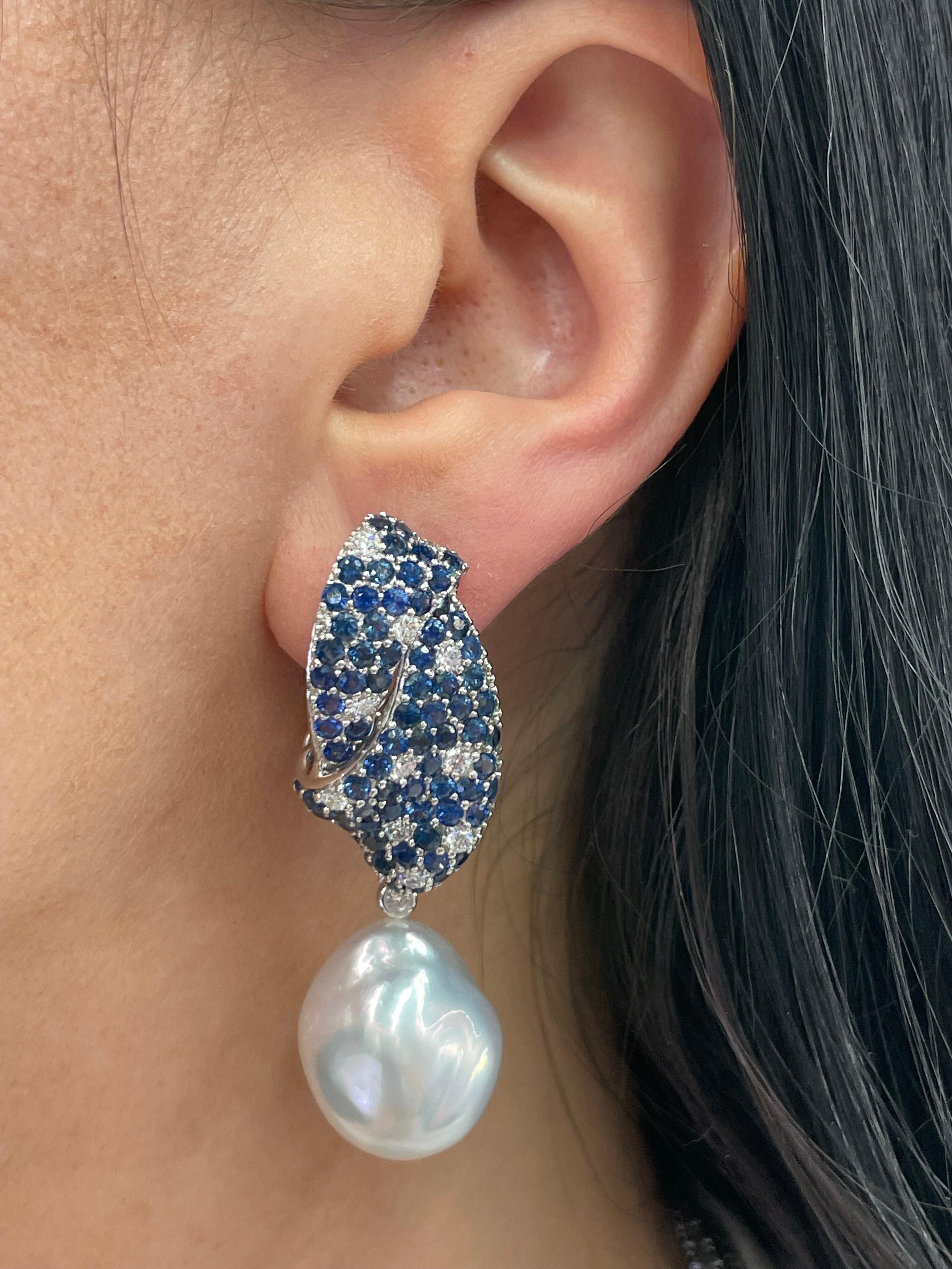 Sapphire Diamond South Sea Pearl Drop Earrings 10.21 Carat 18 Karat 15-16 MM In New Condition For Sale In New York, NY