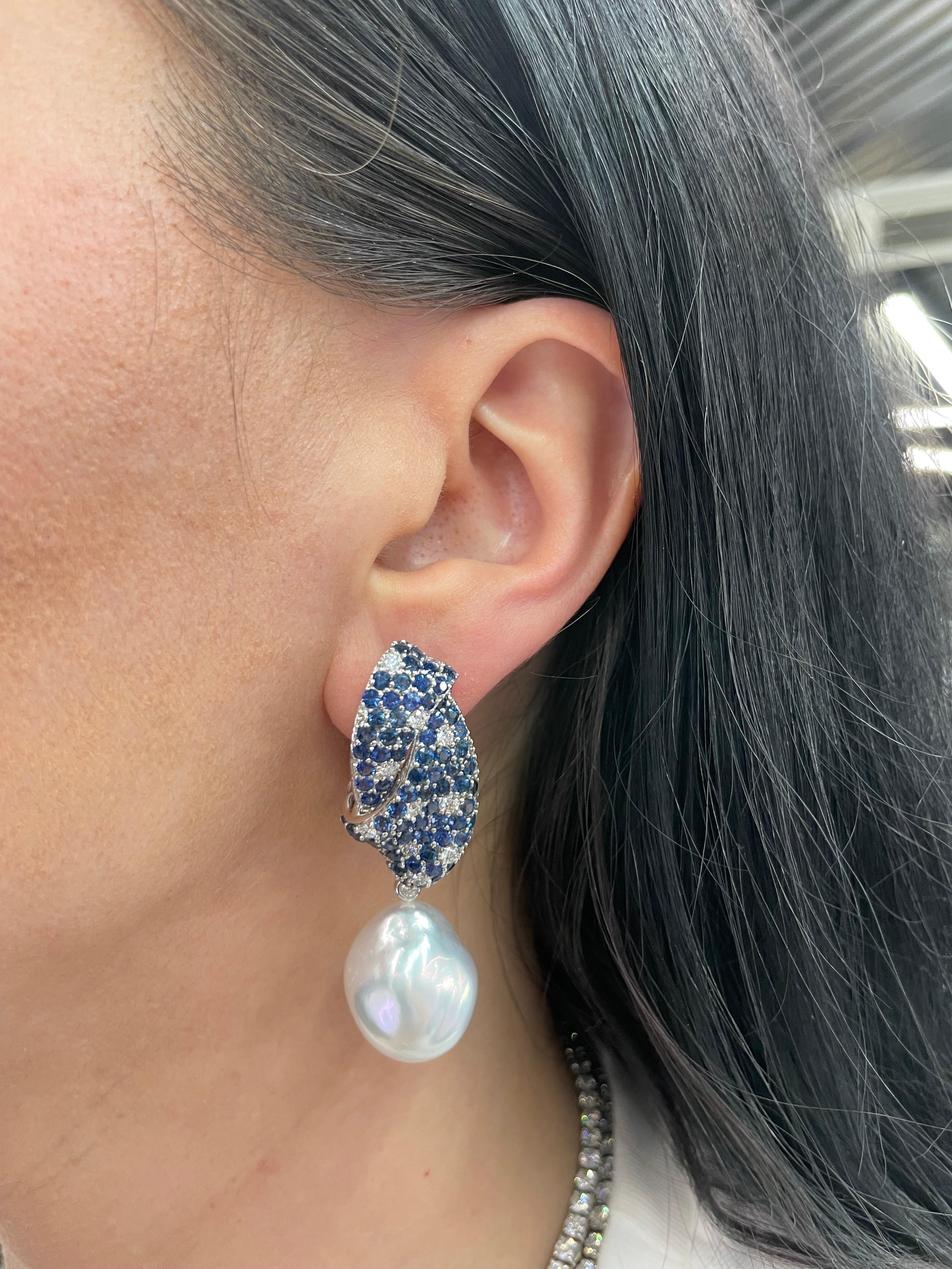 Sapphire Diamond South Sea Pearl Drop Earrings 10.21 Carat 18 Karat 15-16 MM For Sale 2