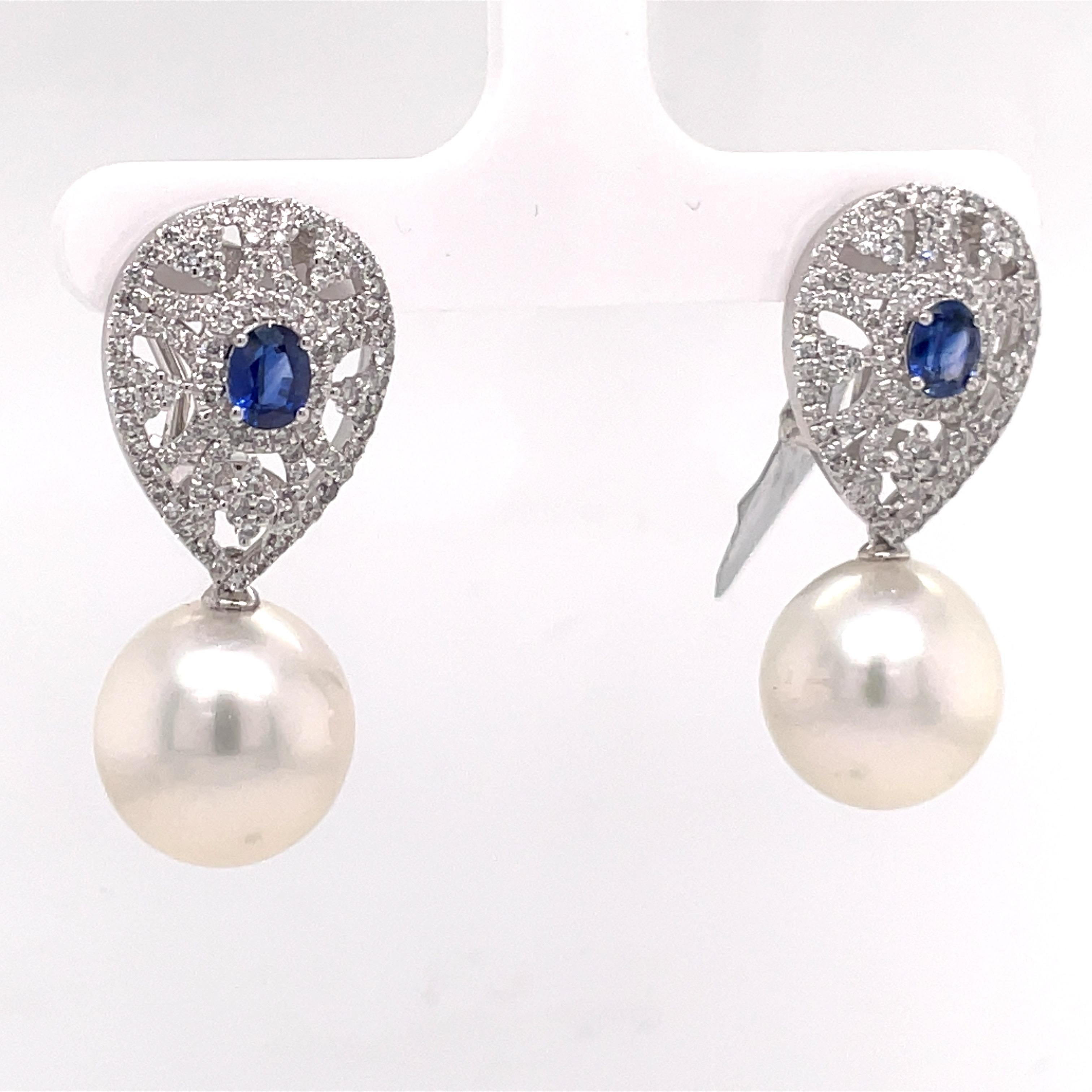 Contemporary Sapphire Diamond South Sea Pearl Drop Earrings 2.16 Carats 18 Carat White Gold For Sale