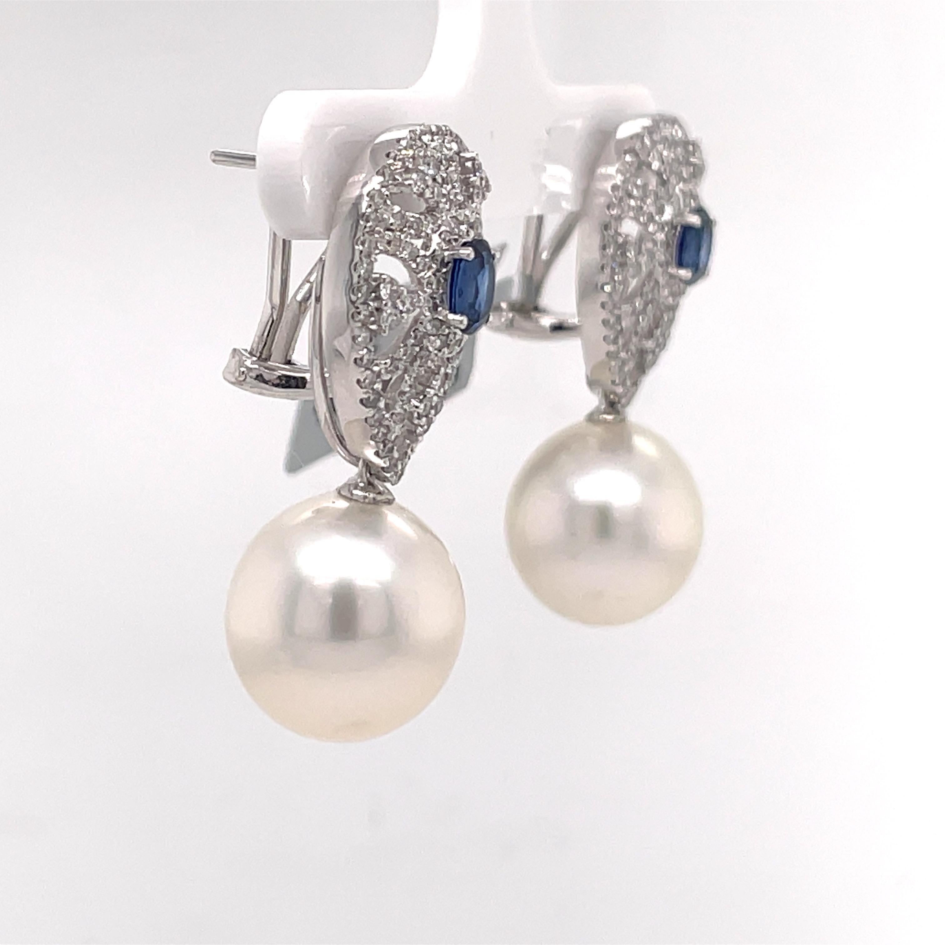 Sapphire Diamond South Sea Pearl Drop Earrings 2.16 Carats 18 Carat White Gold In New Condition For Sale In New York, NY