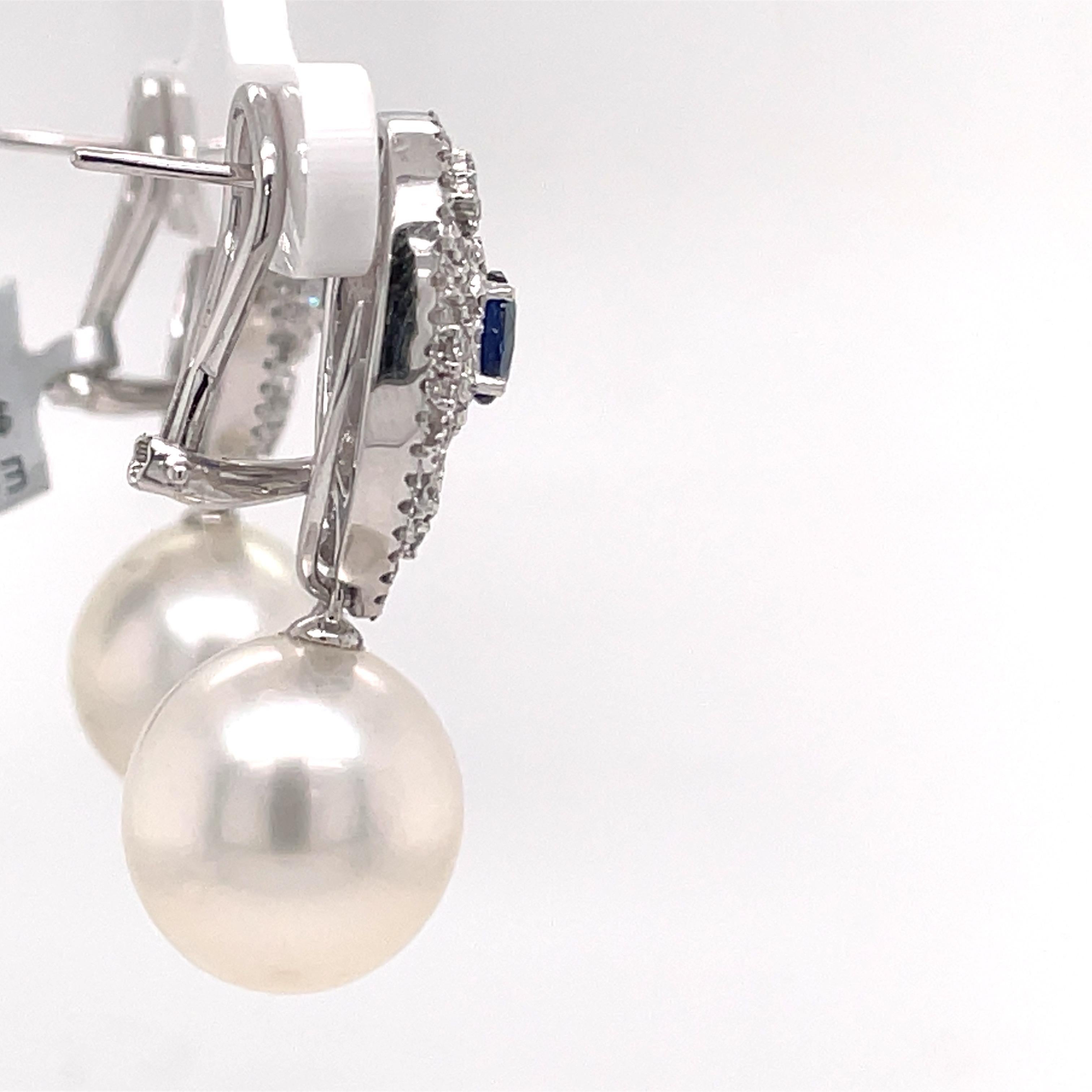 Women's Sapphire Diamond South Sea Pearl Drop Earrings 2.16 Carats 18 Carat White Gold For Sale