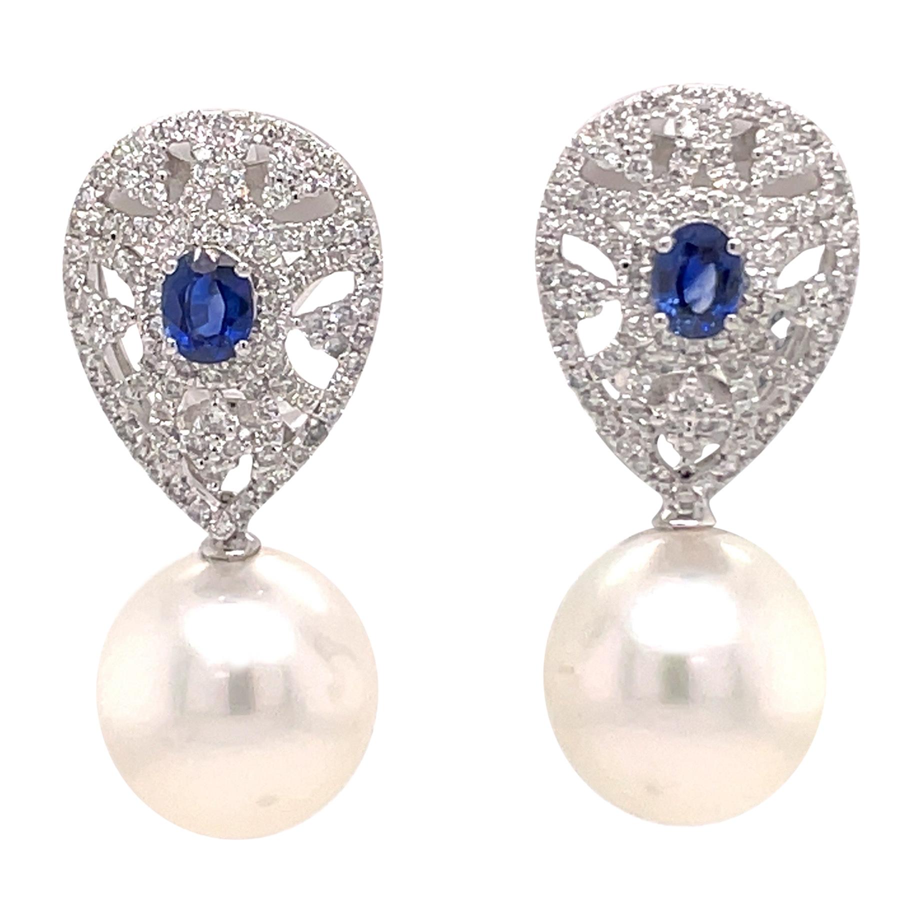 Sapphire Diamond South Sea Pearl Drop Earrings 2.16 Carats 18 Carat White Gold For Sale