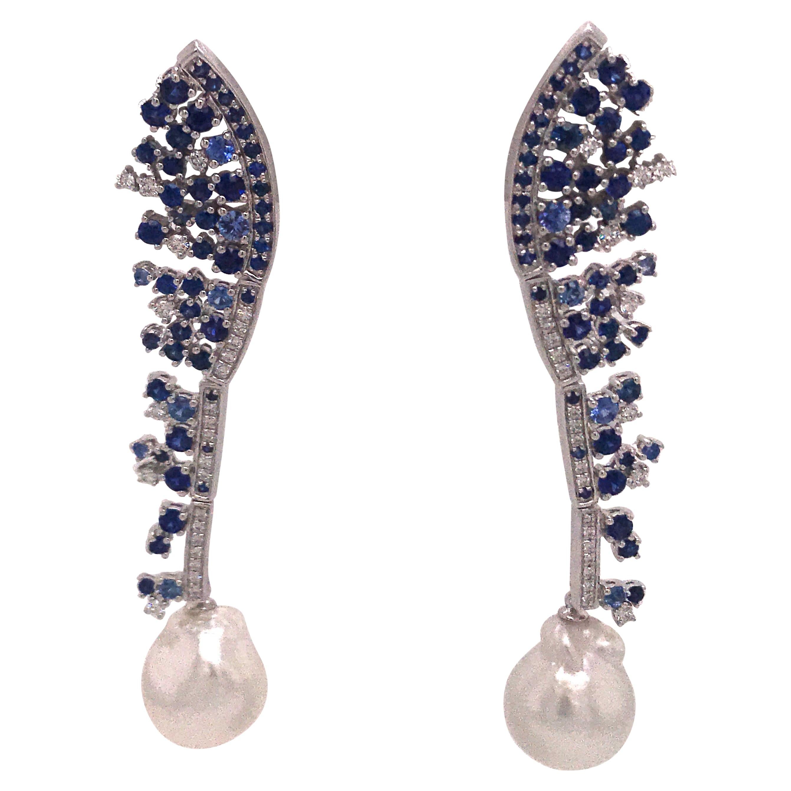 Sapphire Diamond South Sea Pearl Drop Earrings 4.10 Carat 18 Karat White Gold For Sale