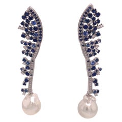 Sapphire Diamond South Sea Pearl Drop Earrings 4.10 Carat 18 Karat White Gold