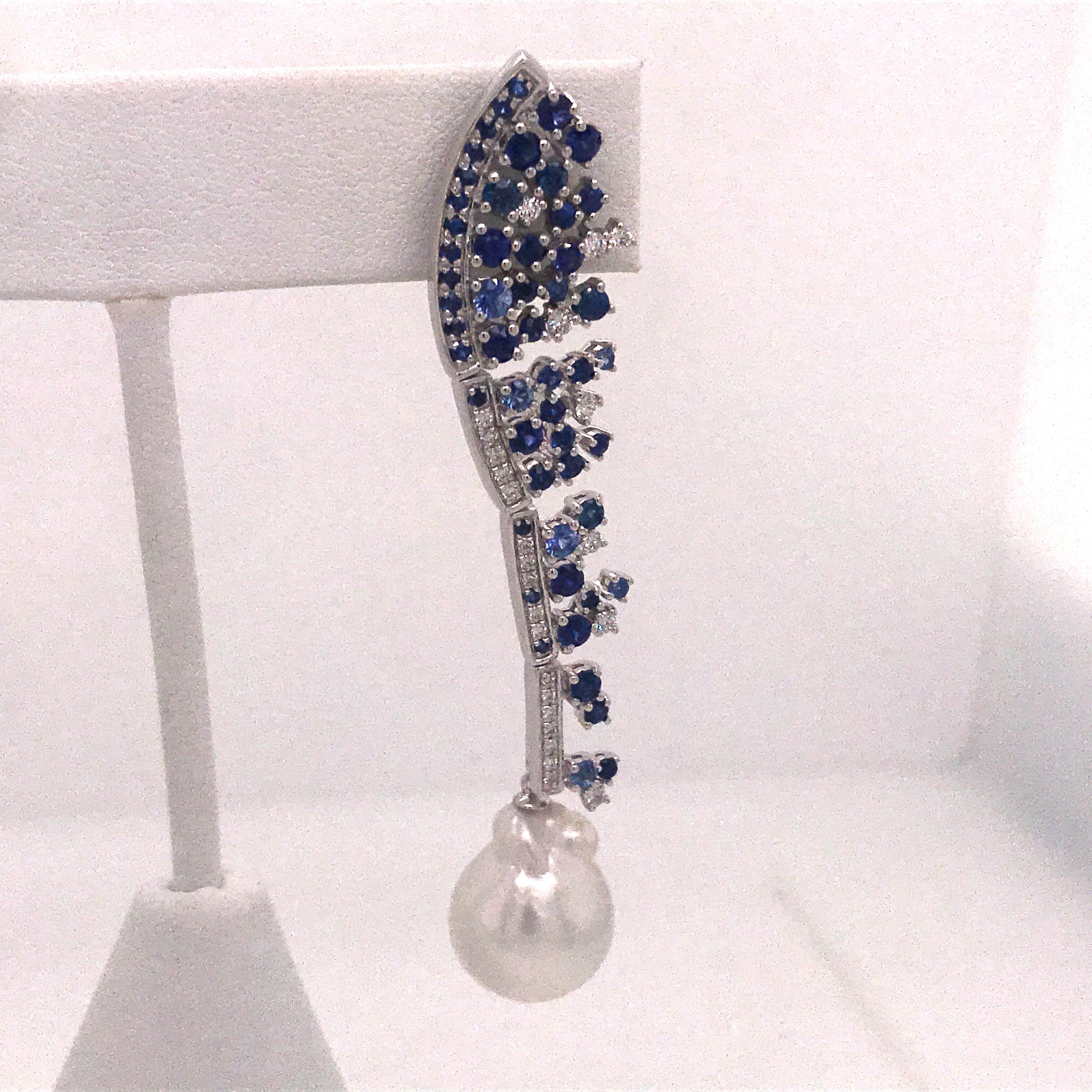 Contemporary Sapphire Diamond South Sea Pearl Drop Earrings 4.10 Carat 18 Karat White Gold For Sale