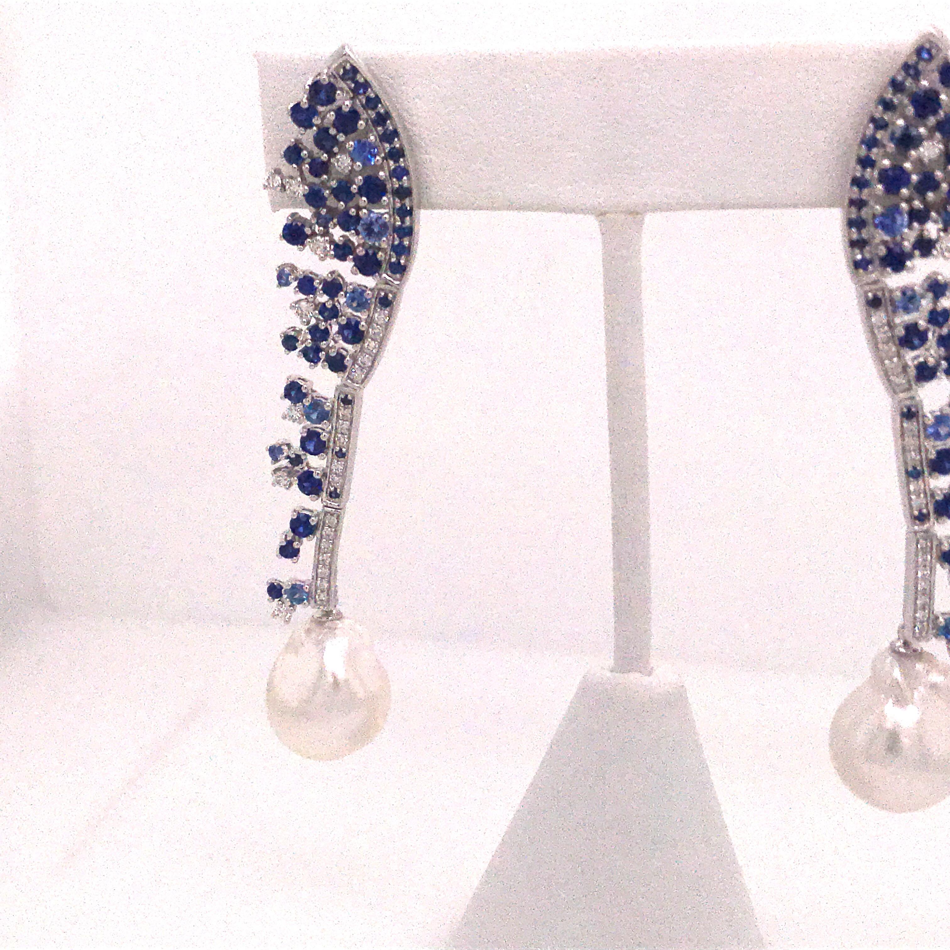 Round Cut Sapphire Diamond South Sea Pearl Drop Earrings 4.10 Carat 18 Karat White Gold For Sale