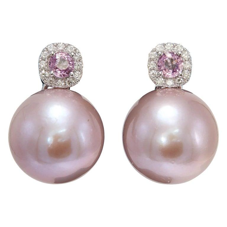 Round Cut Diamond Halo Sapphire South Sea Pearl Drop Earrings 0.84 CaratS 18KT 14-15 MM For Sale
