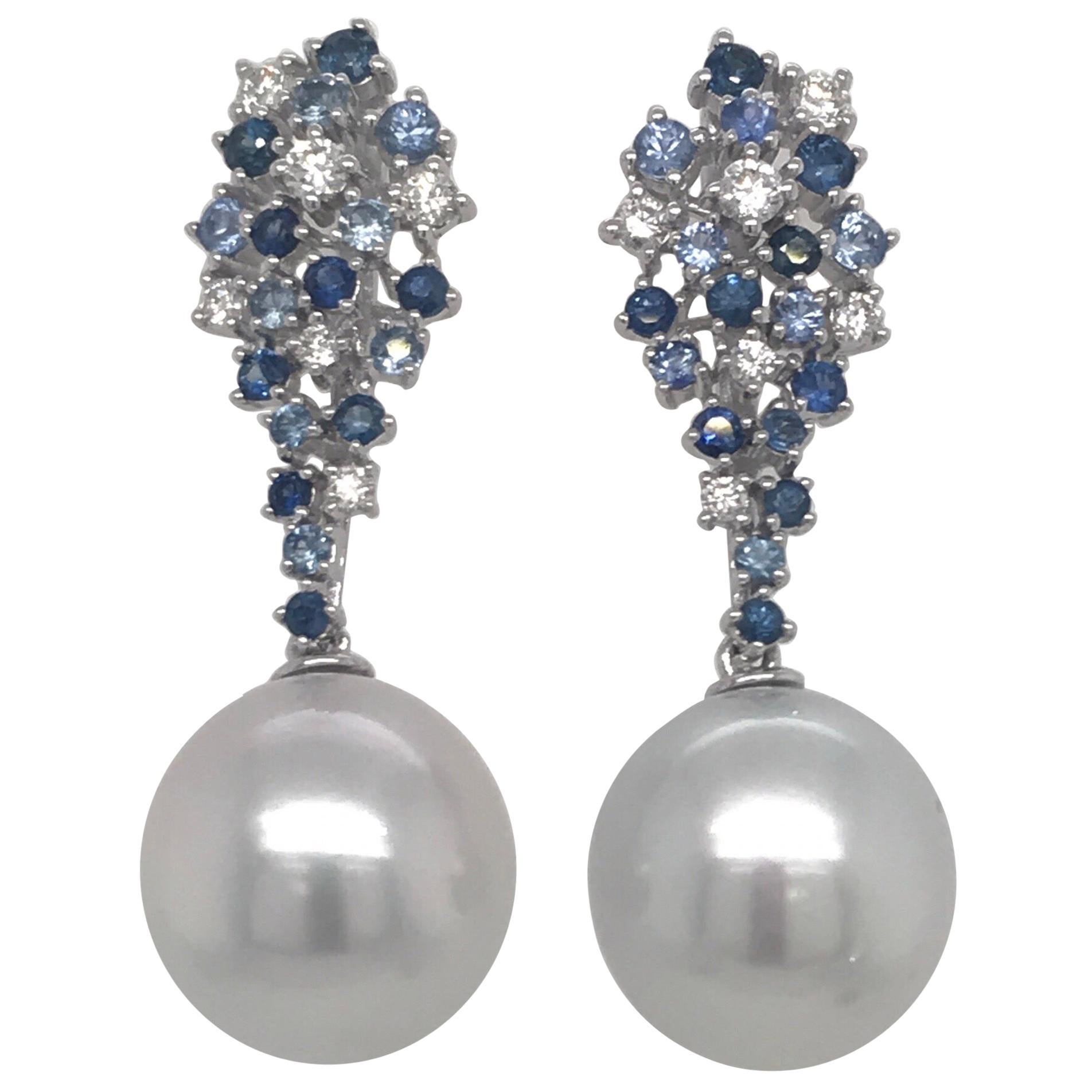 Sapphire Diamond South Sea Pearl Earrings 1.50 Carat 18 Karat White Gold