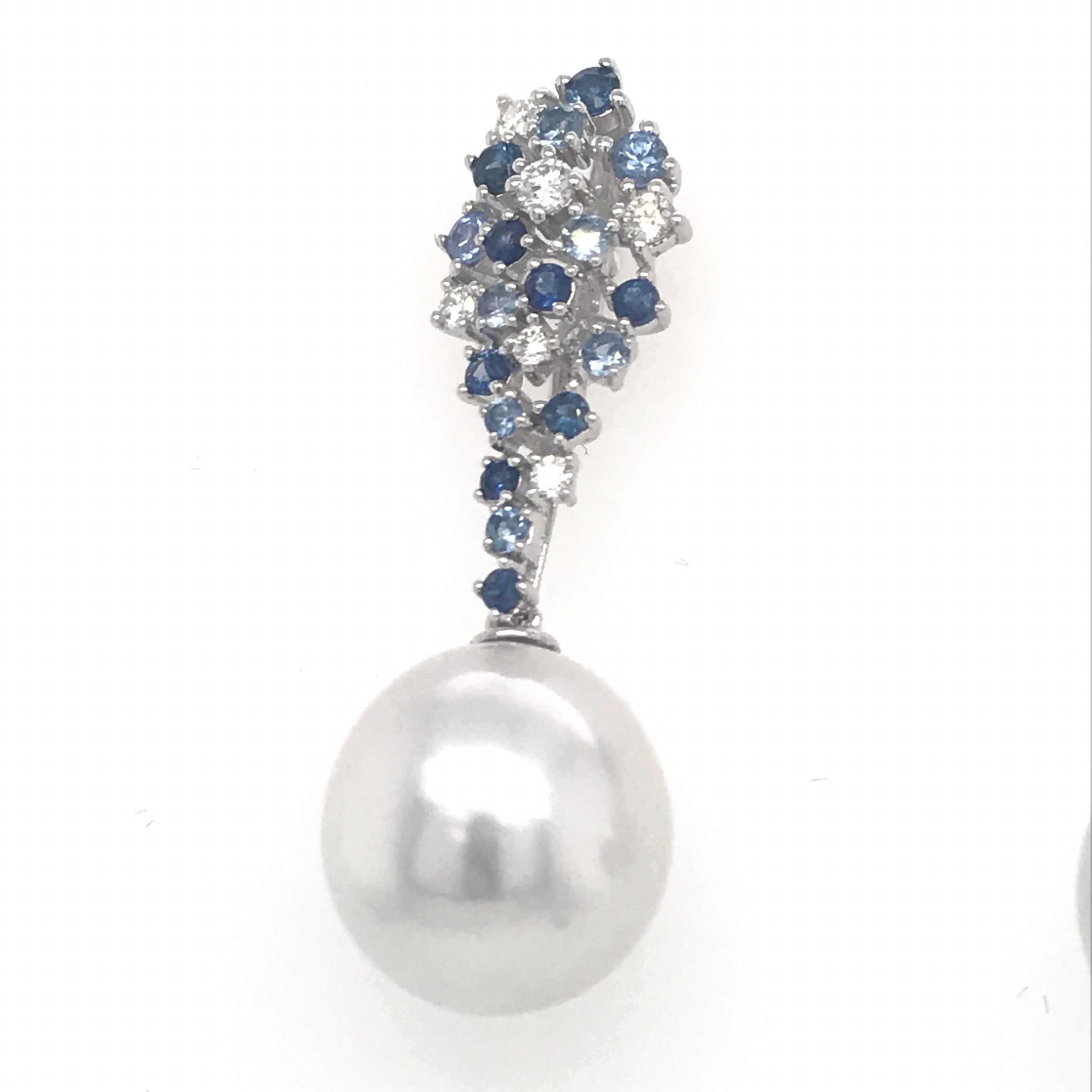 Contemporary Sapphire Diamond South Sea Pearl Earrings 1.50 Carat 18 Karat White Gold