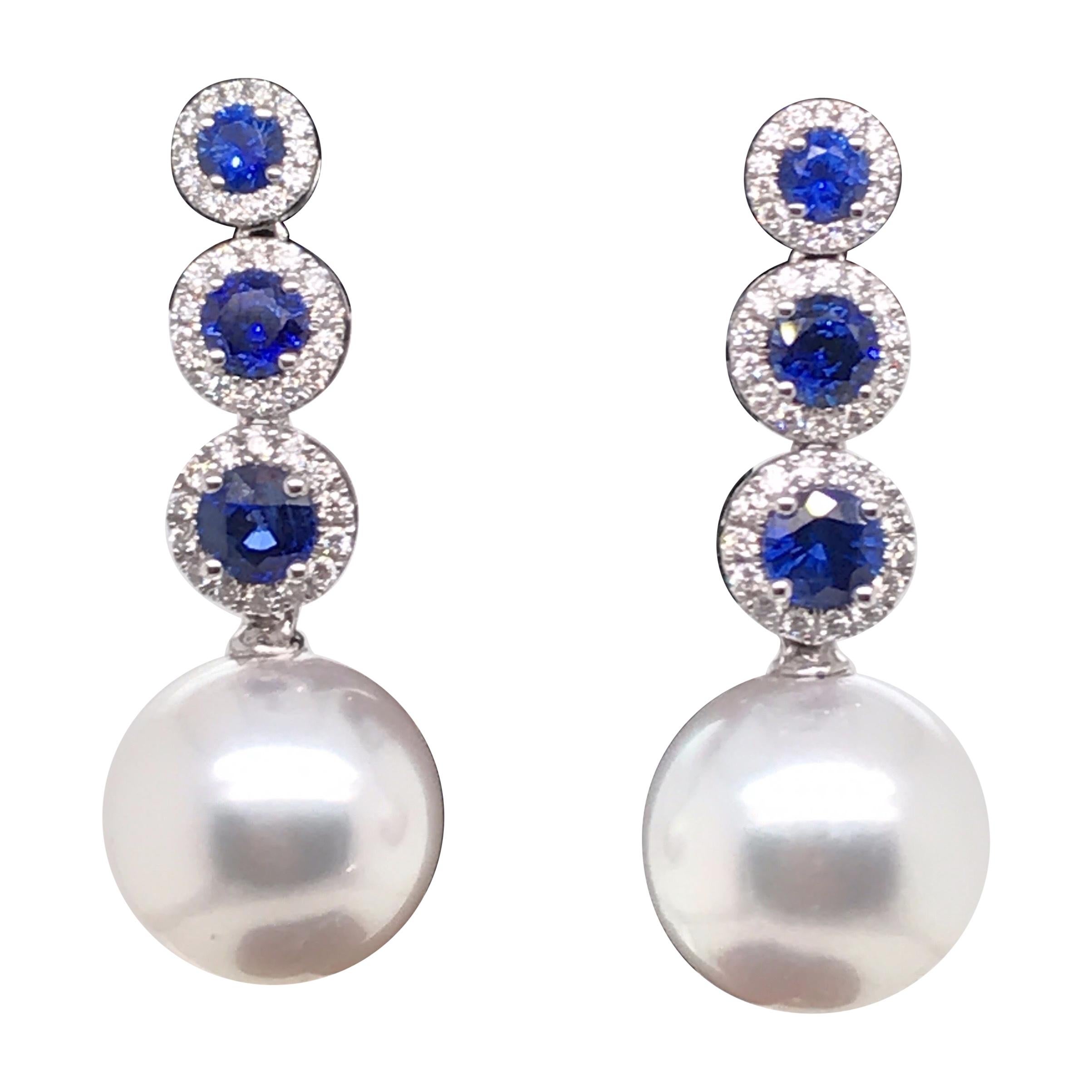 Sapphire Diamond South Sea Pearl Earrings 1.87 Carat 18 Karat White Gold For Sale