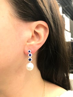 Sapphire Diamond South Sea Pearl Earrings 1.87 Carat 18 Karat White Gold