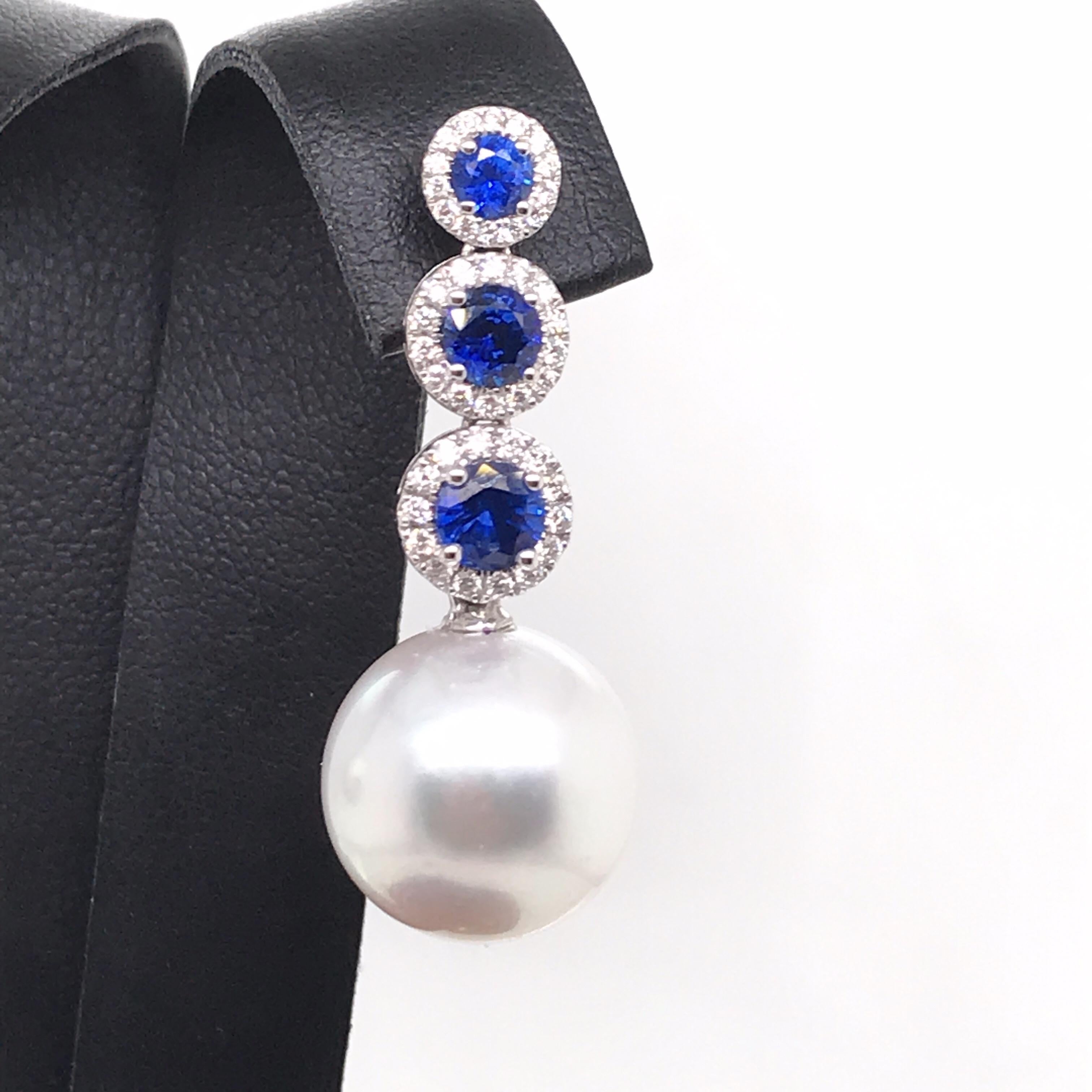 Contemporary Sapphire Diamond South Sea Pearl Earrings 1.87 Carat 18 Karat White Gold For Sale