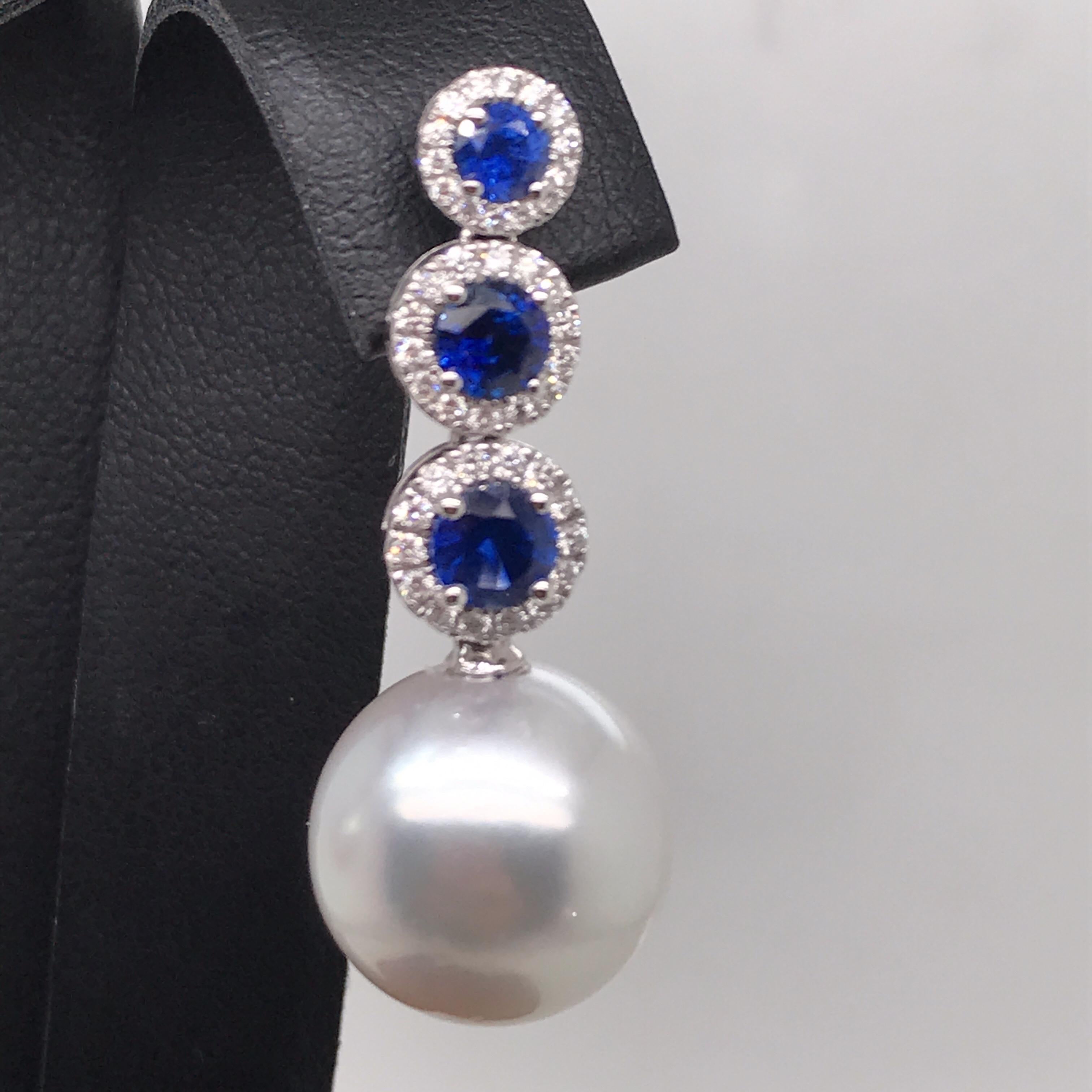 Round Cut Sapphire Diamond South Sea Pearl Earrings 1.87 Carat 18 Karat White Gold For Sale