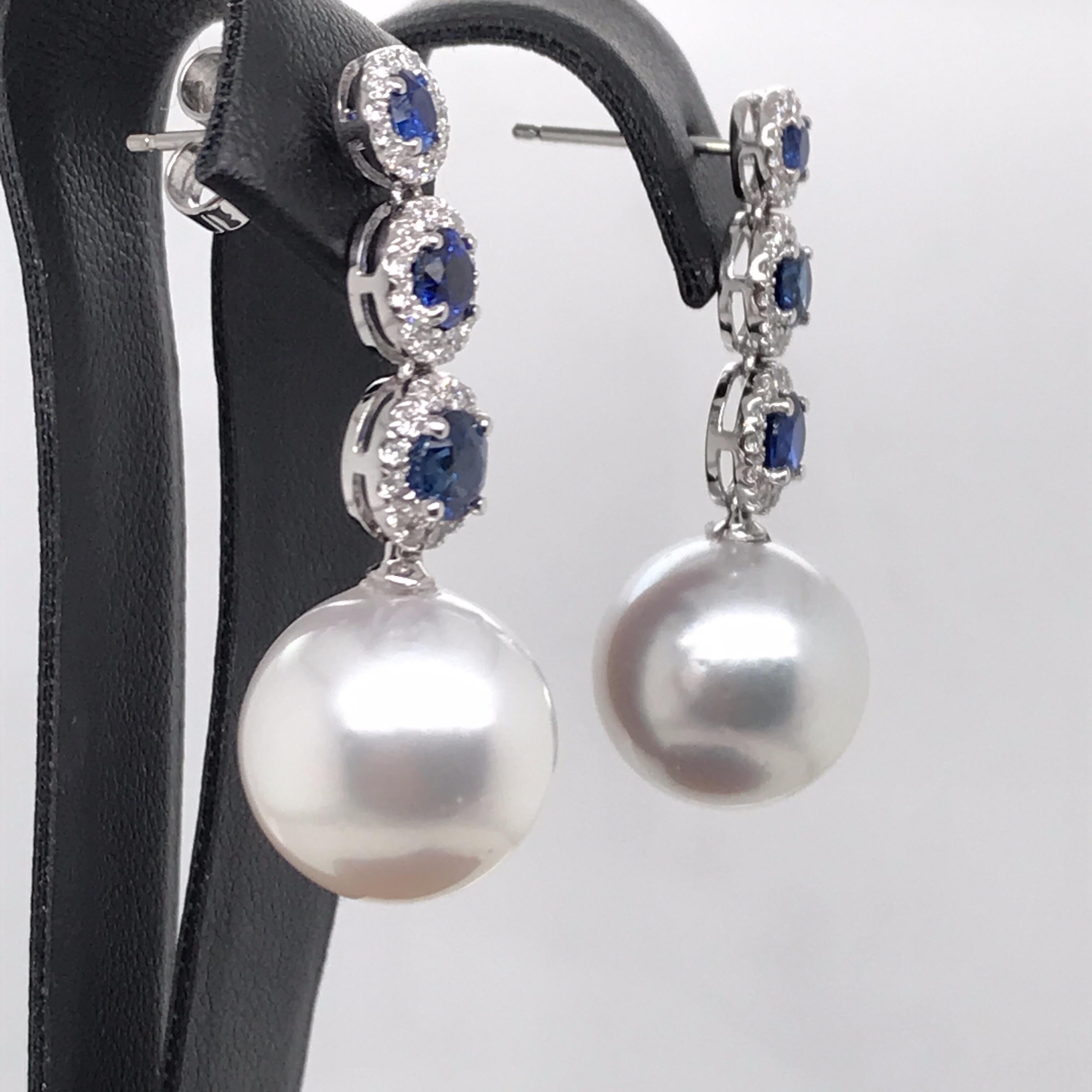 Sapphire Diamond South Sea Pearl Earrings 1.87 Carat 18 Karat White Gold In New Condition For Sale In New York, NY