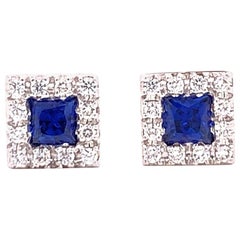 Sapphire Diamond Square Stud Earrings 18 Karat White Gold