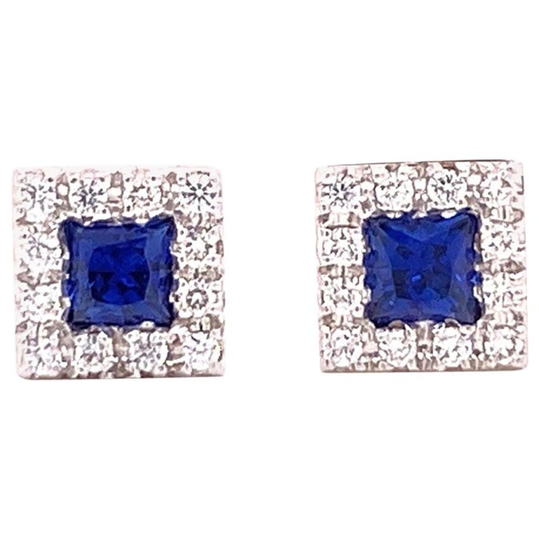 Sapphire Diamond Square Stud Earrings 18 Karat White Gold at 1stDibs