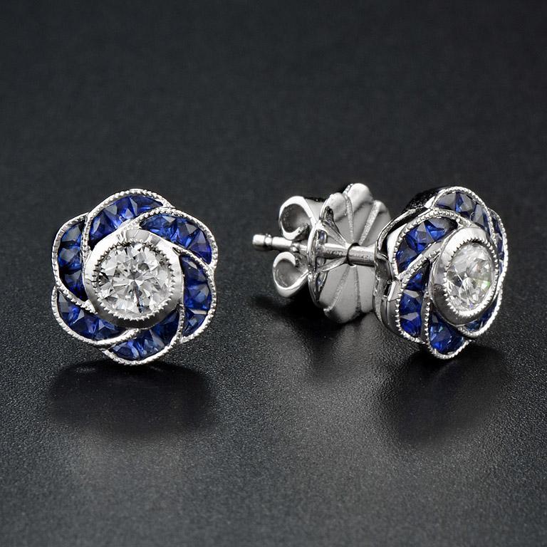 French Cut Round Cut Diamond with Sapphire Art Deco Style Floral Stud Earrings in 18K Gold For Sale