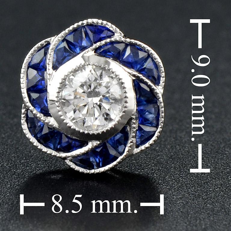 Round Cut Diamond with Sapphire Art Deco Style Floral Stud Earrings in 18K Gold For Sale 2