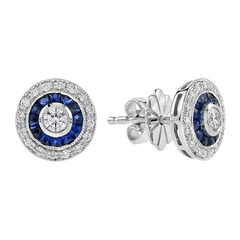 Art Deco Style Round Cut Diamond with Sapphire Stud Earrings in 18K Gold