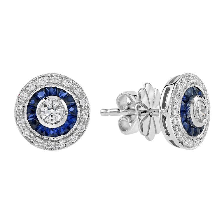 Art Deco Style Round Cut Diamond with Sapphire Stud Earrings in 18K