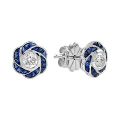 Fleur Rose French Cut Diamond with Sapphire Stud Earrings in 18K White Gold
